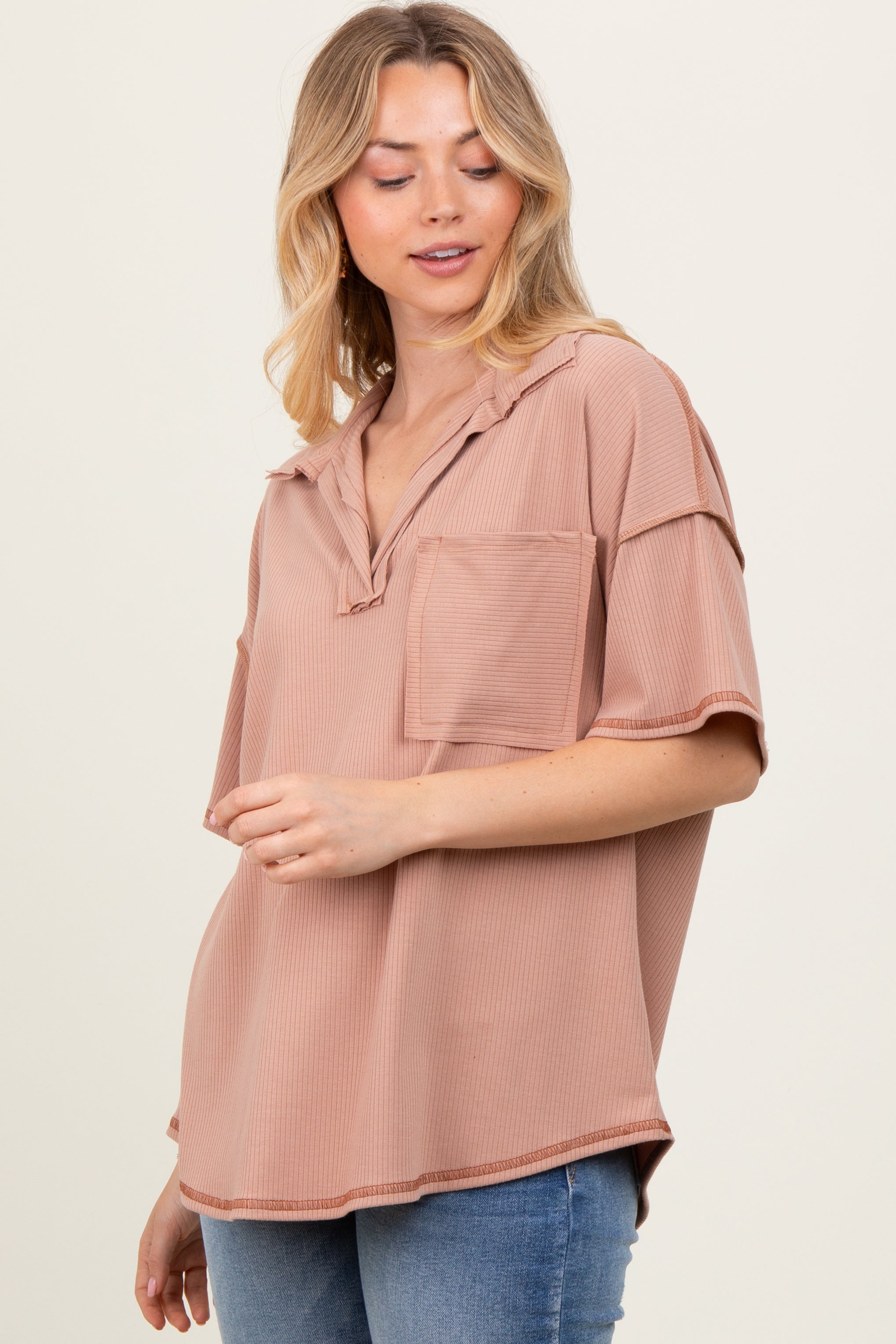 Beige Ribbed V-Neck Tunic Top for Women - Soft Stretch Casual Blouse for Layering, Work & Everyday Wear
