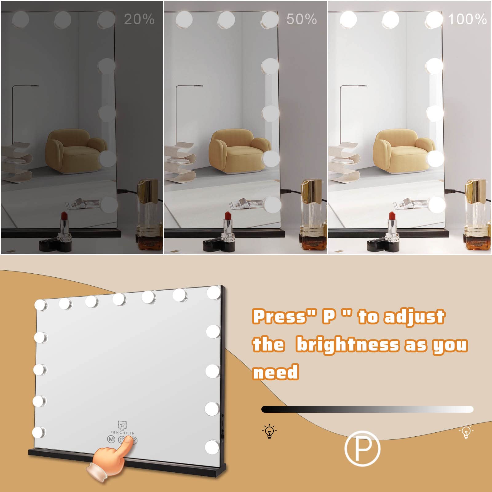 FENCHILIN Hollywood Vanity Mirror with Lights - Smart Touch Control, Dimmable LED Bulbs, Adjustable Brightness for Makeup & Skincare (Black) - Perfect for Bedroom, Bathroom & Dressing Room