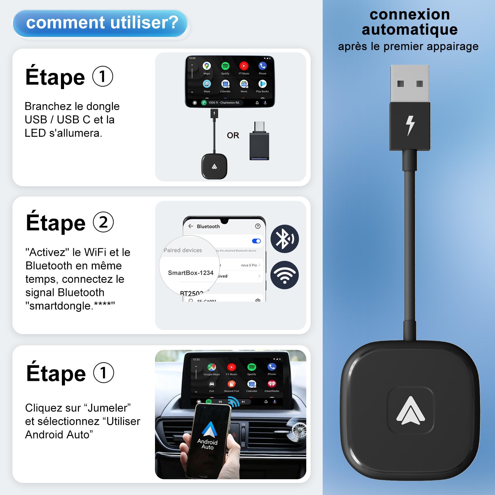 Wireless Android Auto Adapter for Car - USB Dongle Converts Wired to Wireless Android Auto - Compatible with Android 11+ & 98% of Vehicles - Perfect for Hands-Free Navigation, Music & Calls While Driving