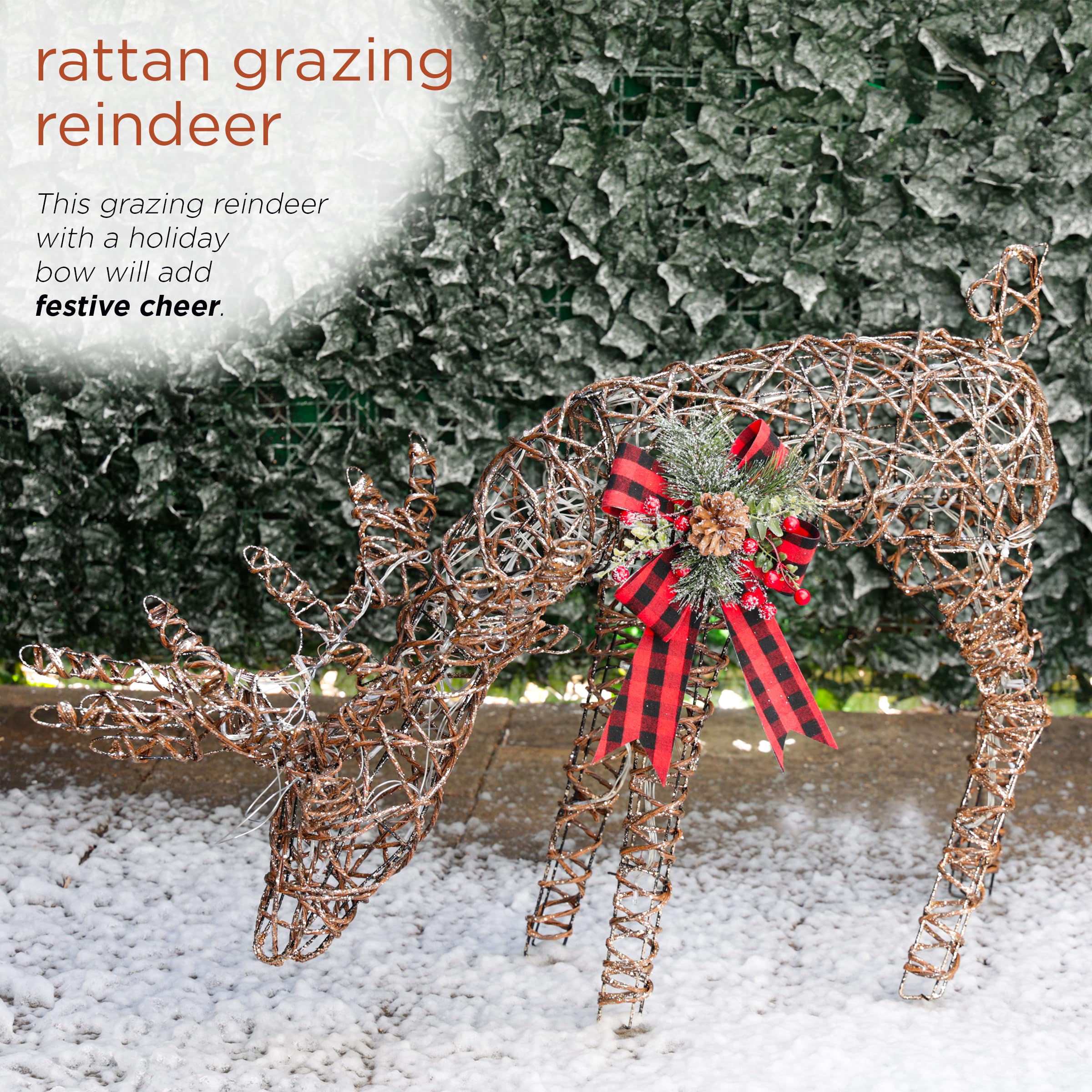 Rattan Grazing Reindeer with Bow and LED Lights Décor – Perfect for Christmas, Holiday Home Decor, and Festive Gift Ideas