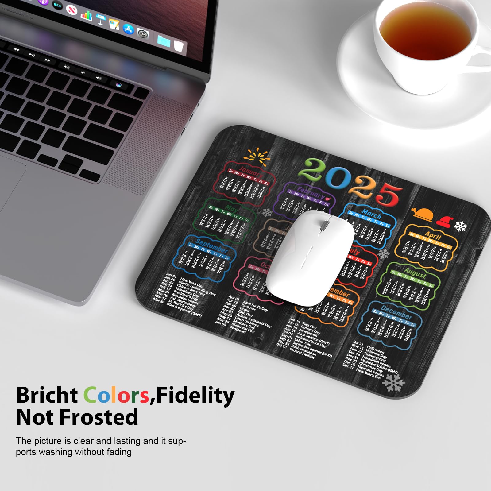 2025 Calendar Mouse Pad - Black Wood Grain Design with Non-Slip Rubber Base, 9.5