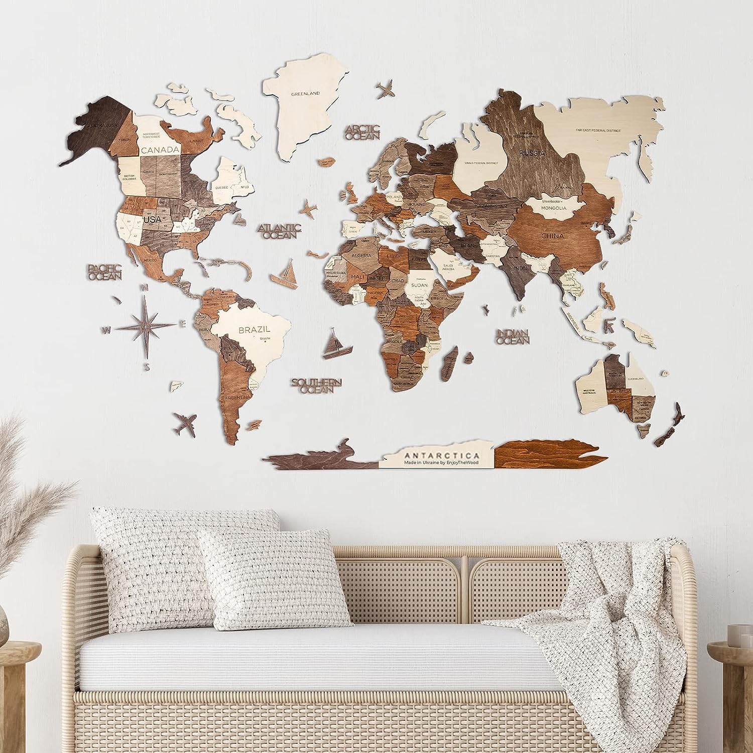 3D Wooden World Map Wall Art - Large Travel Map Décor for Home, Office & Kitchen - Perfect Gift Idea in Multiple Sizes (M/L/XL) & Colors - Enhance Your Living Room, Bedroom or Workspace with Stylish Geographic Wall Art