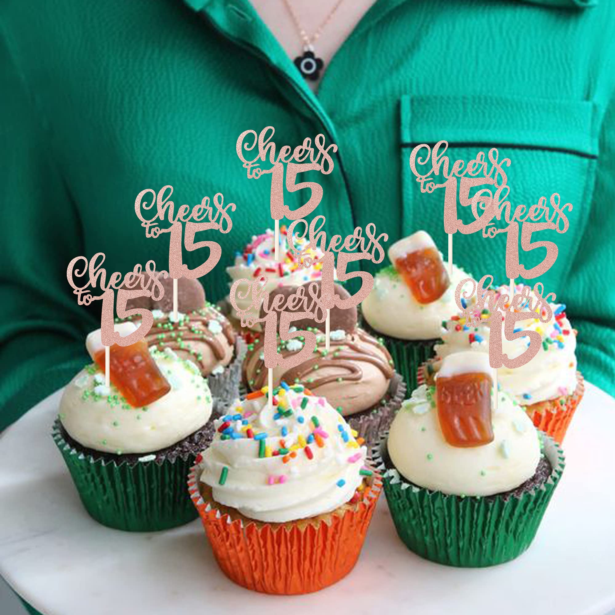36 PCS Glitter Number 15 Cupcake Toppers - Rose Gold 15th Birthday Party Decorations for Wedding Anniversary & Sweet 16 Celebrations - Perfect for Cake Decorating, Dessert Displays, and Milestone Events