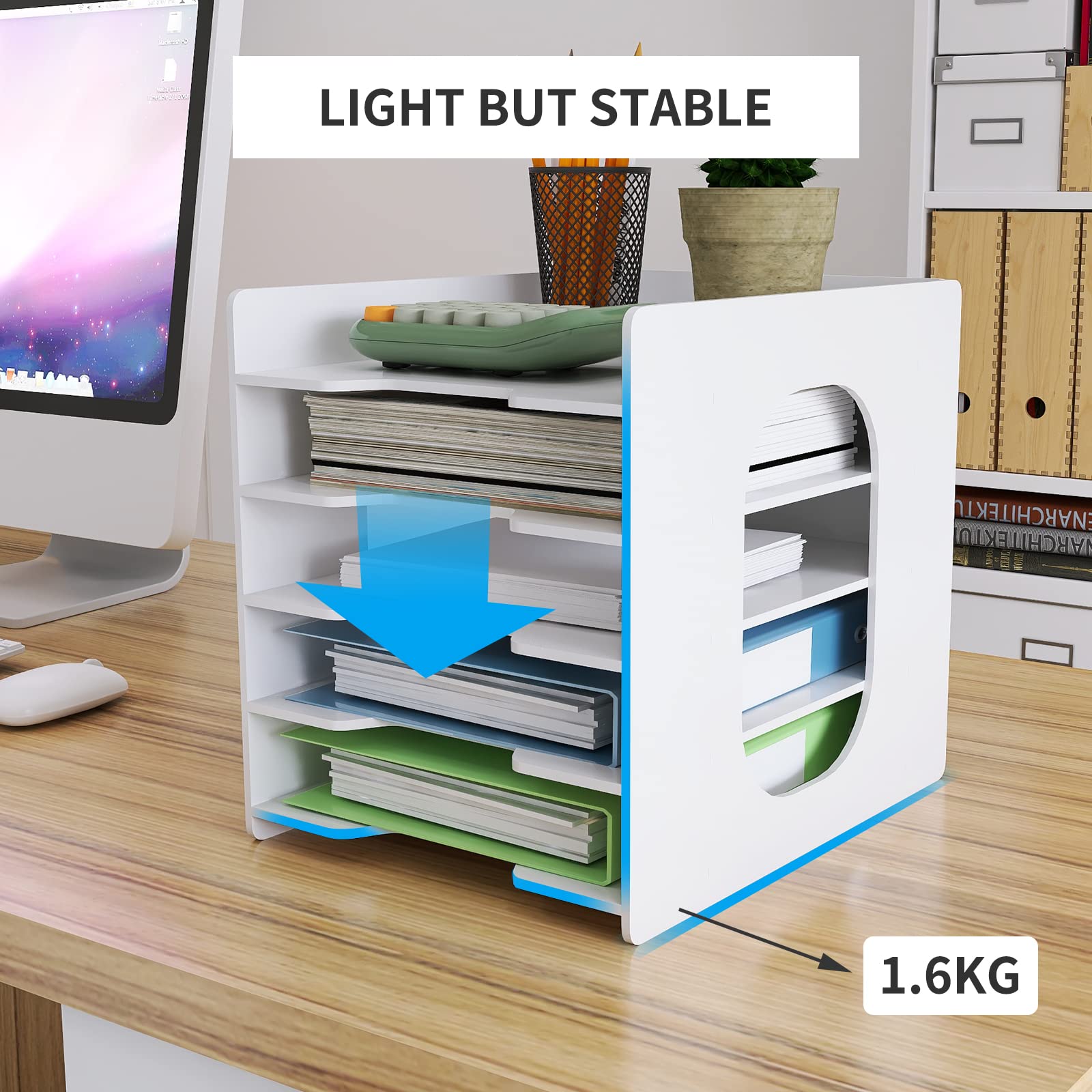 5-Tier White Paper Organizer for Desk - File Holder, Mail & Letter Tray, Document Sorter - Office, Home, School & Classroom Storage Solution for Notebooks, Documents & Stationary