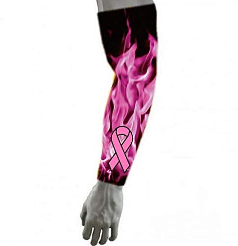 Sports Compression Arm Sleeve for Basketball & Running - Pink Ribbon & Flames Design - Breathable UV Protection for Athletes & Fitness Enthusiasts