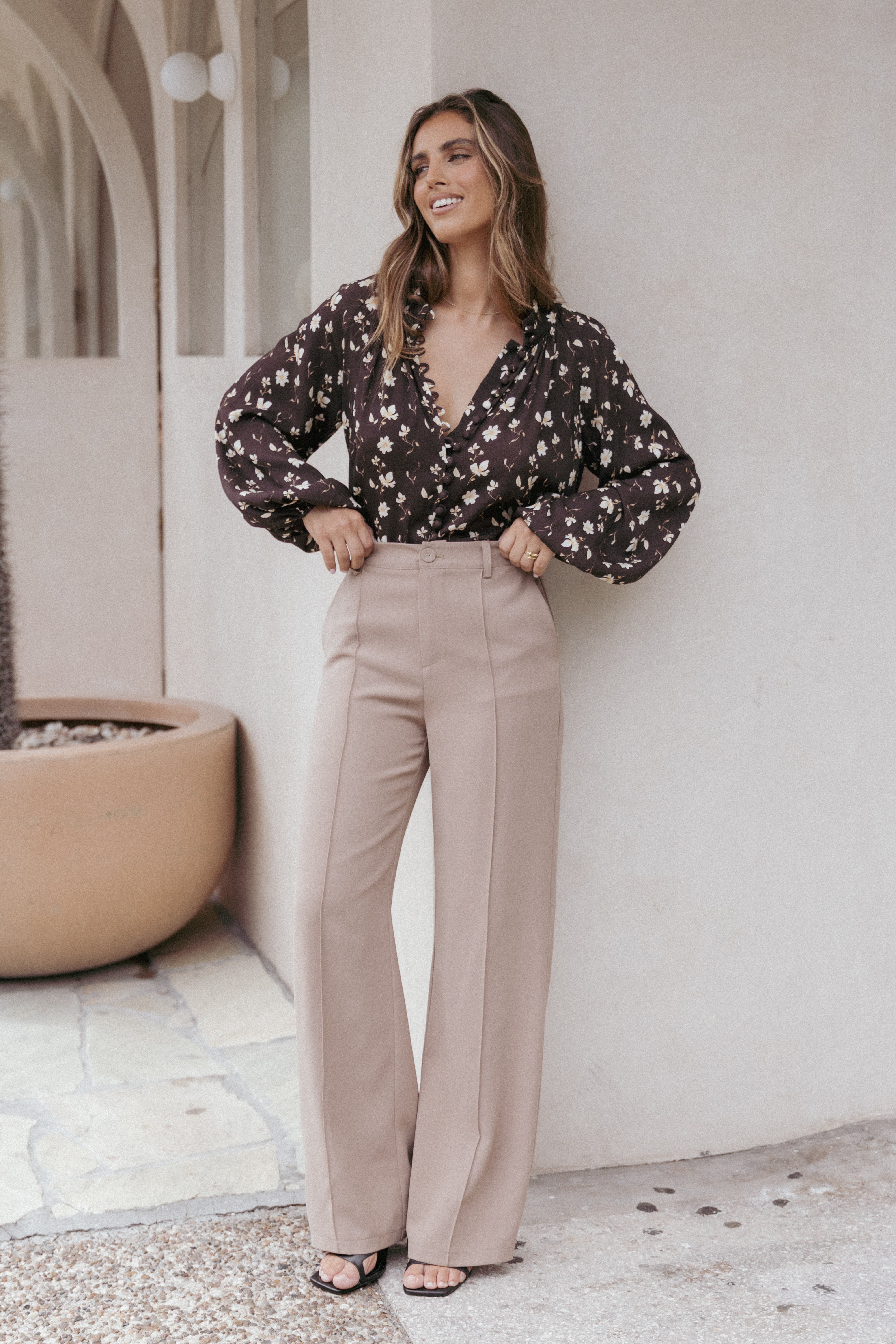 Celia Pants for Women - High Waisted Stretch Mocha Brown Casual Trousers | Comfortable Office Work Pants & Everyday Lounge Wear