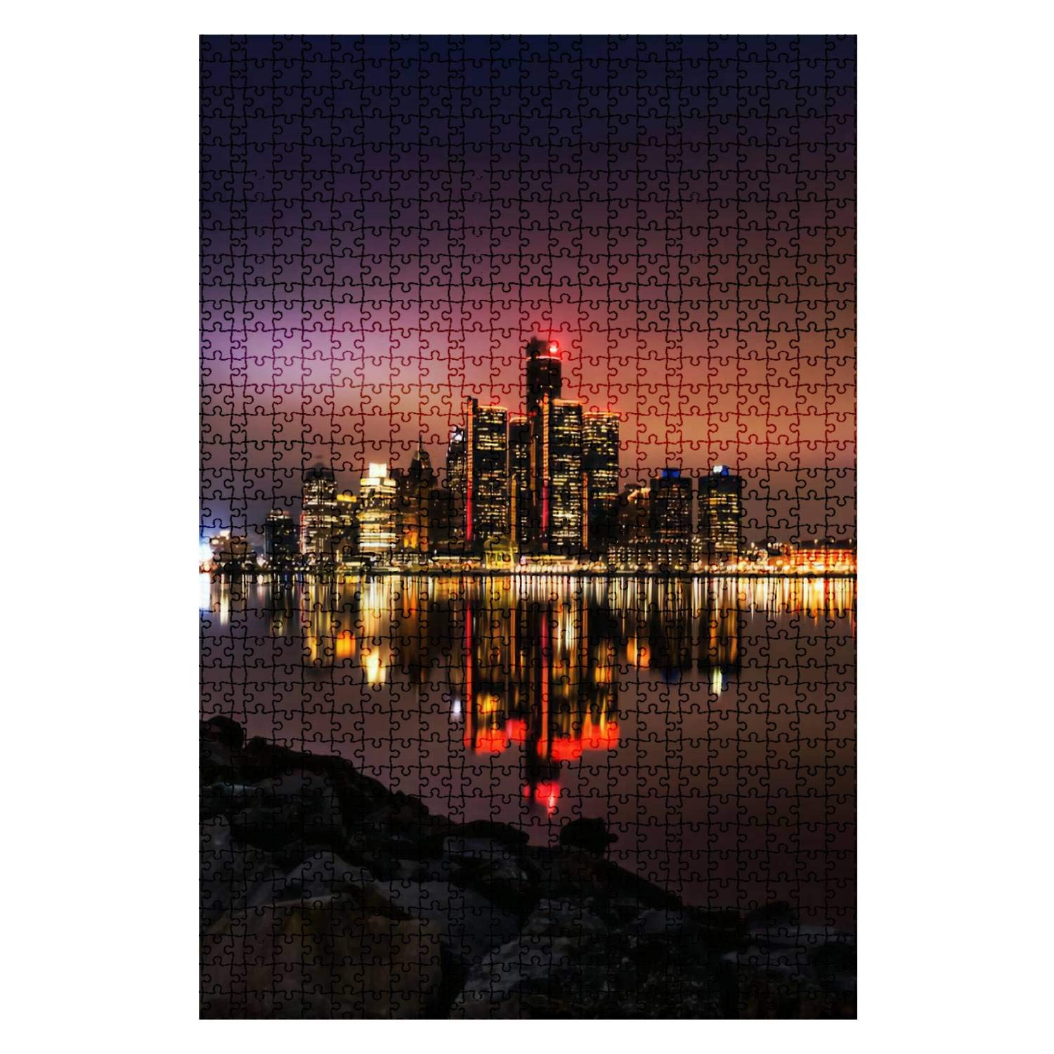 1000-Piece Wooden Jigsaw Puzzle - Detroit Red Reflection Water City Landscape - Challenging Adult & Kids Puzzle Game - DIY Educational Toy & Home Decor Gift - Perfect for Family Bonding, Brain Training & Wall Art Display