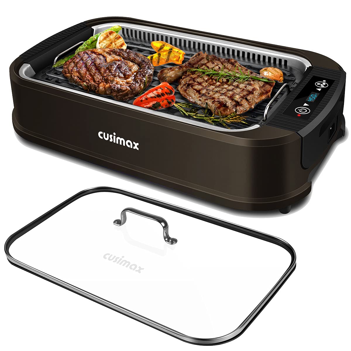 CUSIMAX Electric Smokeless Indoor Grill - Portable Korean BBQ Grill with Turbo Smoke Extractor, Non-Stick Removable Plates & Tempered Glass Lid - Perfect for Home Cooking, Camping & Small Apartments (Brown, Single Plate)