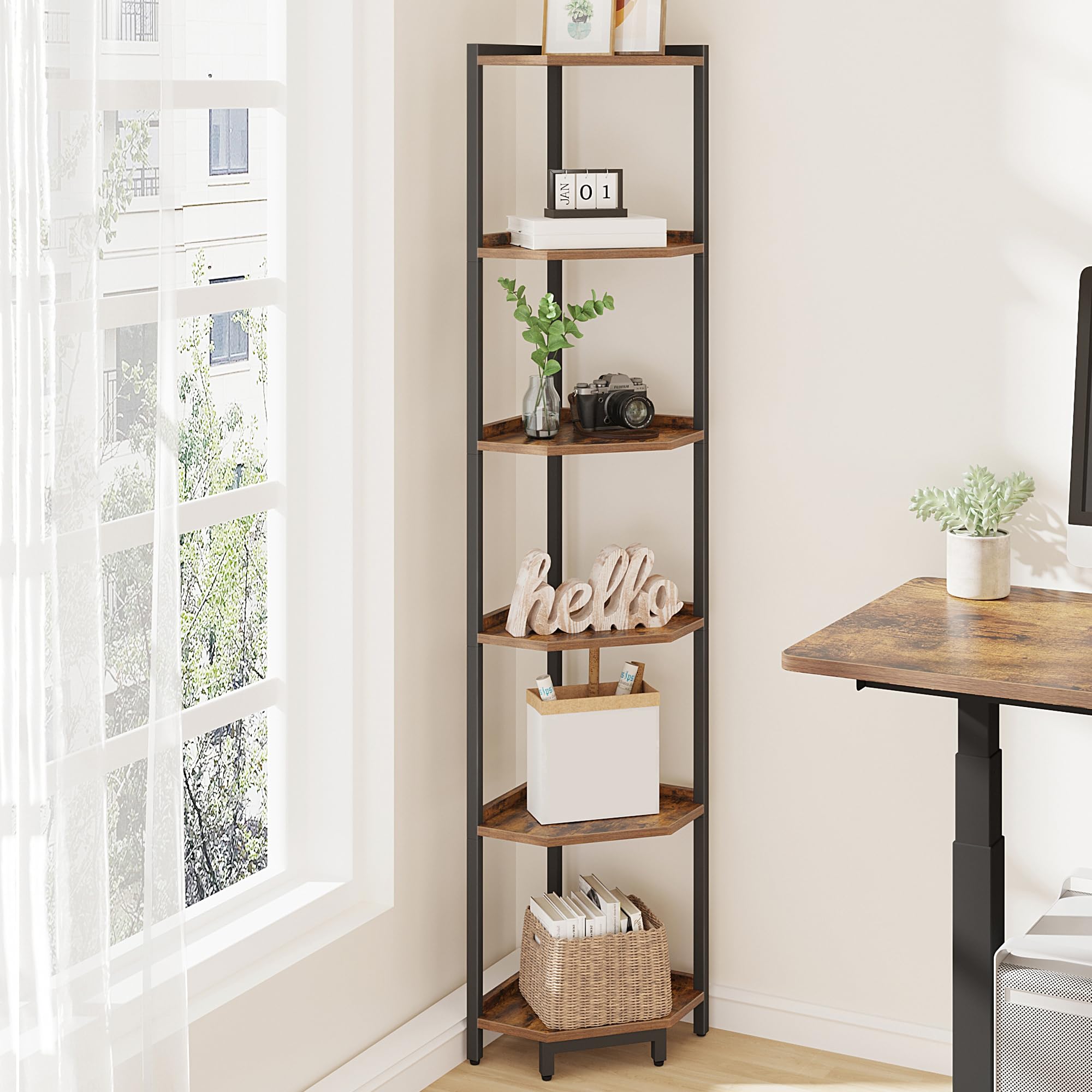 6-Tier Rustic Brown Corner Shelf Stand - Metal Frame Storage Bookcase for Living Room, Home Office & Bedroom | Perfect for Plants, Books & Home Decor Organization