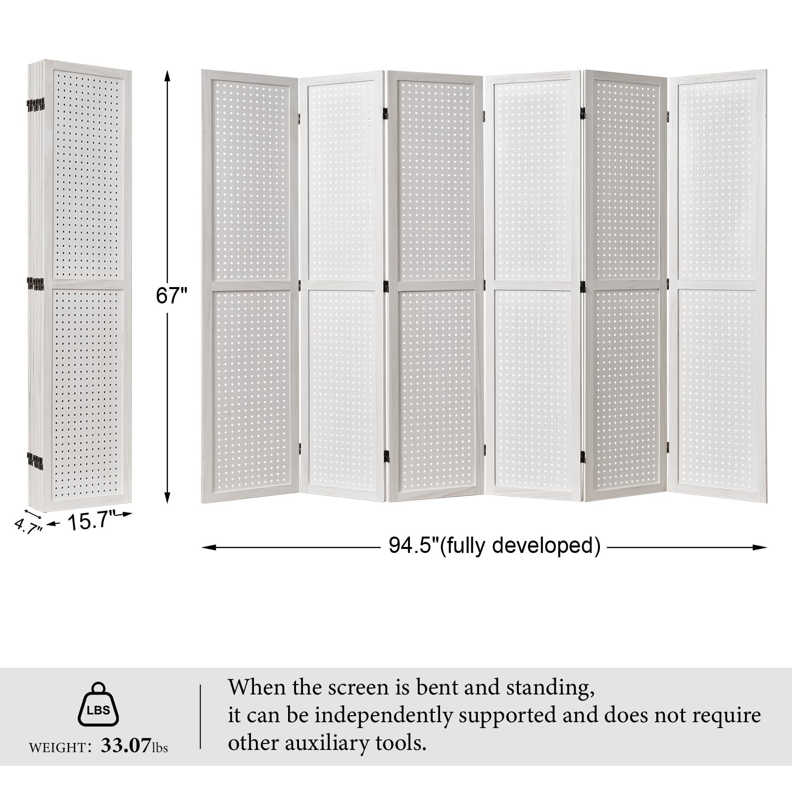 5.6Ft Wooden Room Divider & Pegboard Display - Folding Privacy Screen with 6 Panels, Portable Freestanding Wall Organizer for Retail, Craft & Art Display (White) - Perfect for Home Office, Classroom & Store Organization