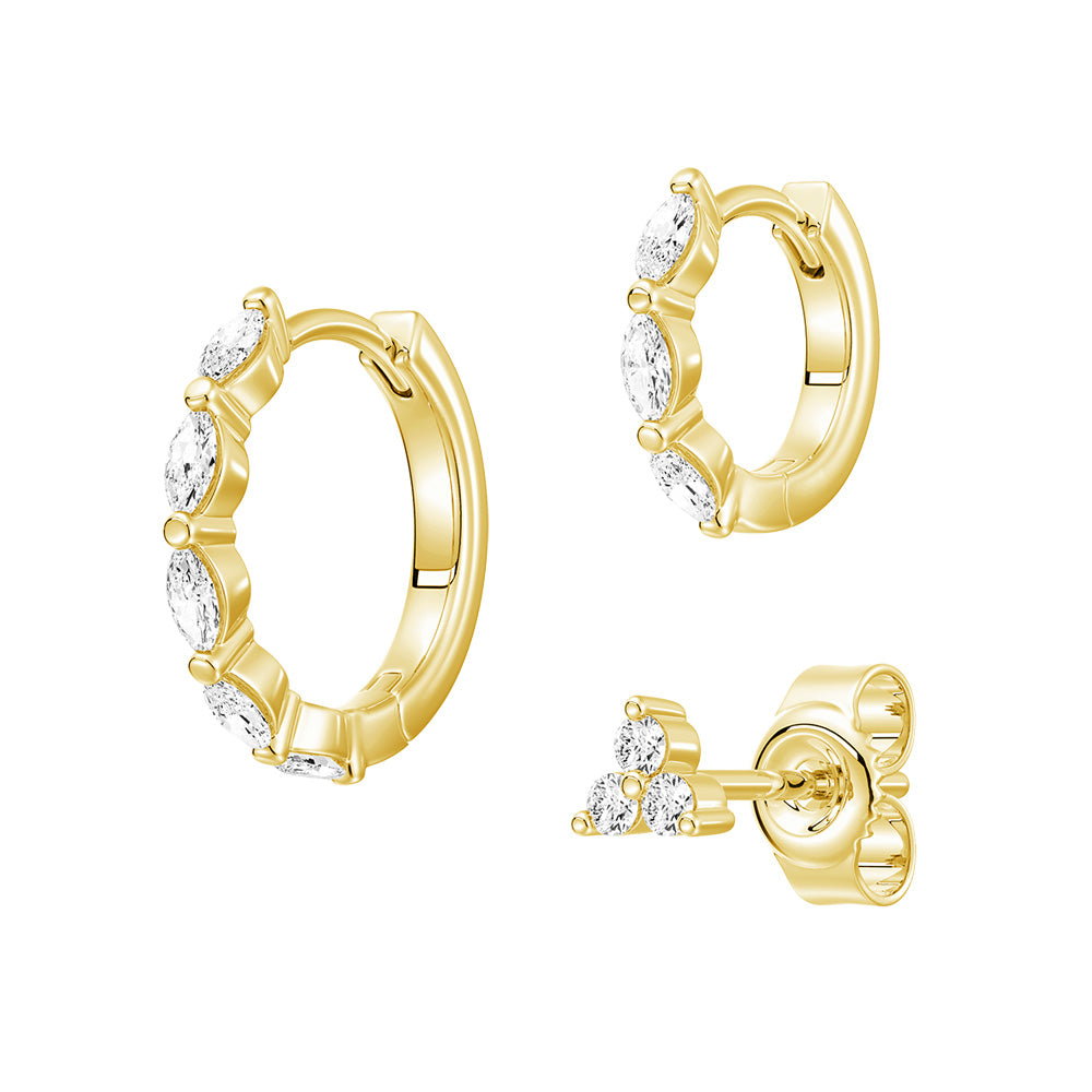 Triple Stack Lab Diamond Earrings Set - Geometric Marquise Studs & Hoops | Perfect for Weddings, Parties & Everyday Elegance
