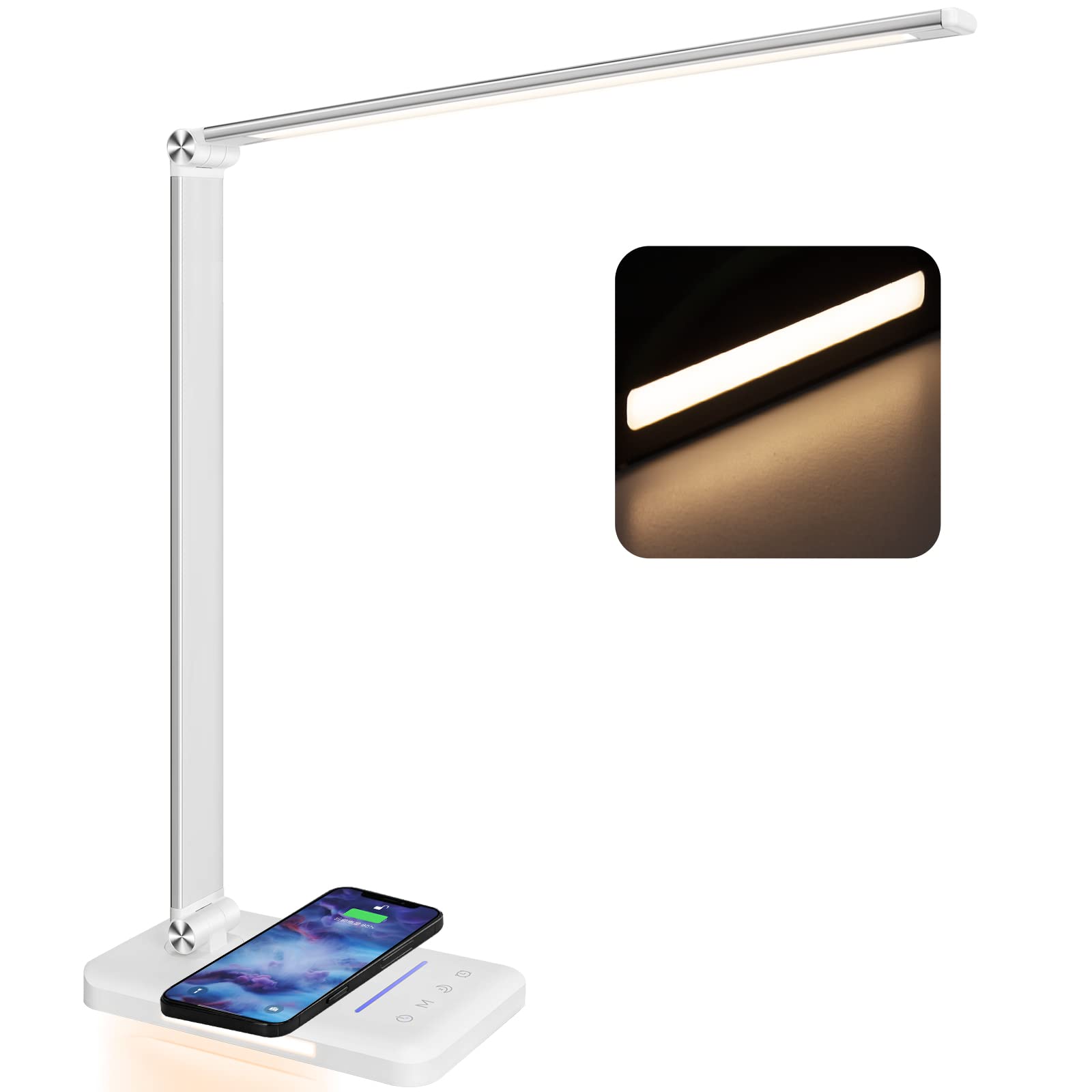 LED Desk Lamp with Night Light - Fast Wireless Charger & USB Port, 10 Brightness Levels & 5 Color Modes, Dimmable Touch Control Bedside Lamp with Auto Timer (1200Lux) for Home Office, Study, Reading & Bedroom Lighting