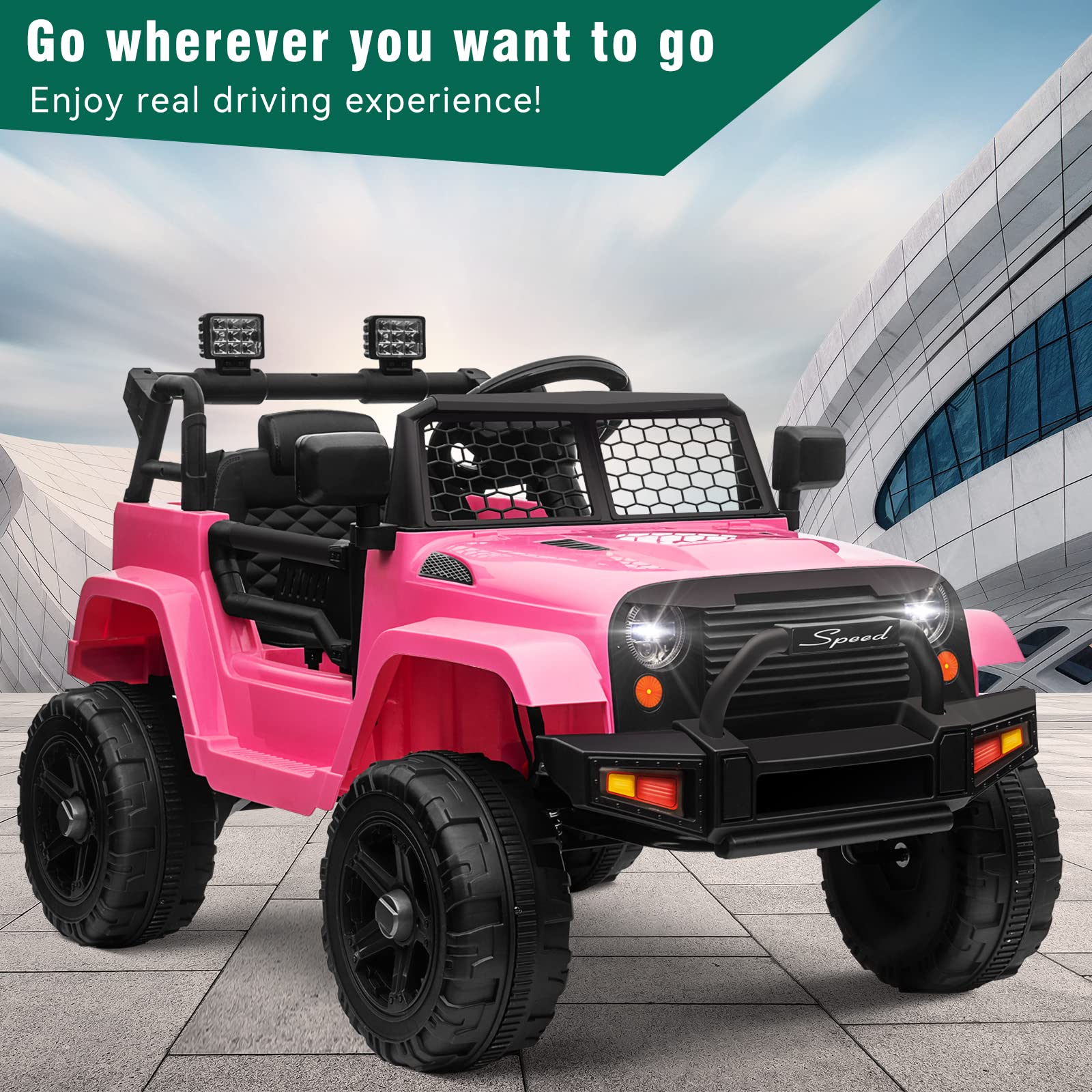 **12V Kids Ride on Car Truck - Electric Toy Car with Parent Remote Control, Spring Suspension & LED Lights - Safe for Toddlers (Pink) - Perfect for Outdoor Play & Birthday Gifts**