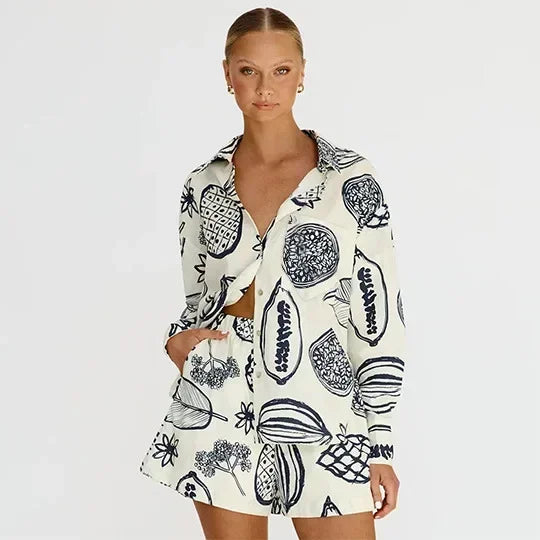 Women's Foridol Fruit Print Pocket Casual Shirt & Shorts Matching Set - Oversized Summer Beach Outfit in White | Perfect for Spring Vacations, Pool Parties & Tropical Getaways