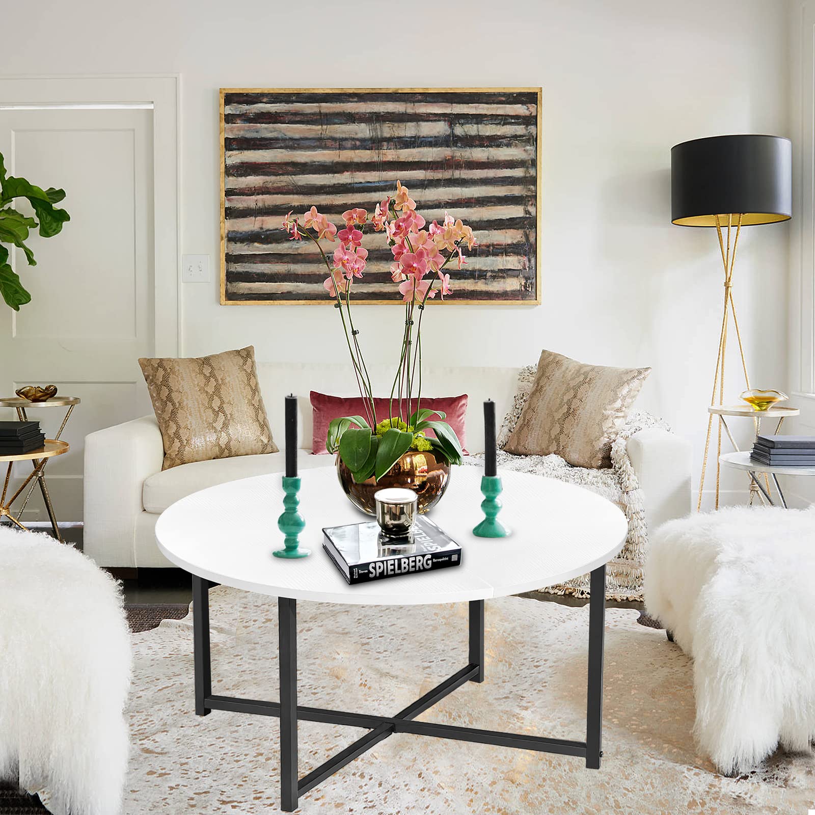 Modern White Round Coffee Table - 31 Inch Wooden Accent Center Table for Small Spaces & Living Room | Perfect for Lounge, Apartment, and Office Decor
