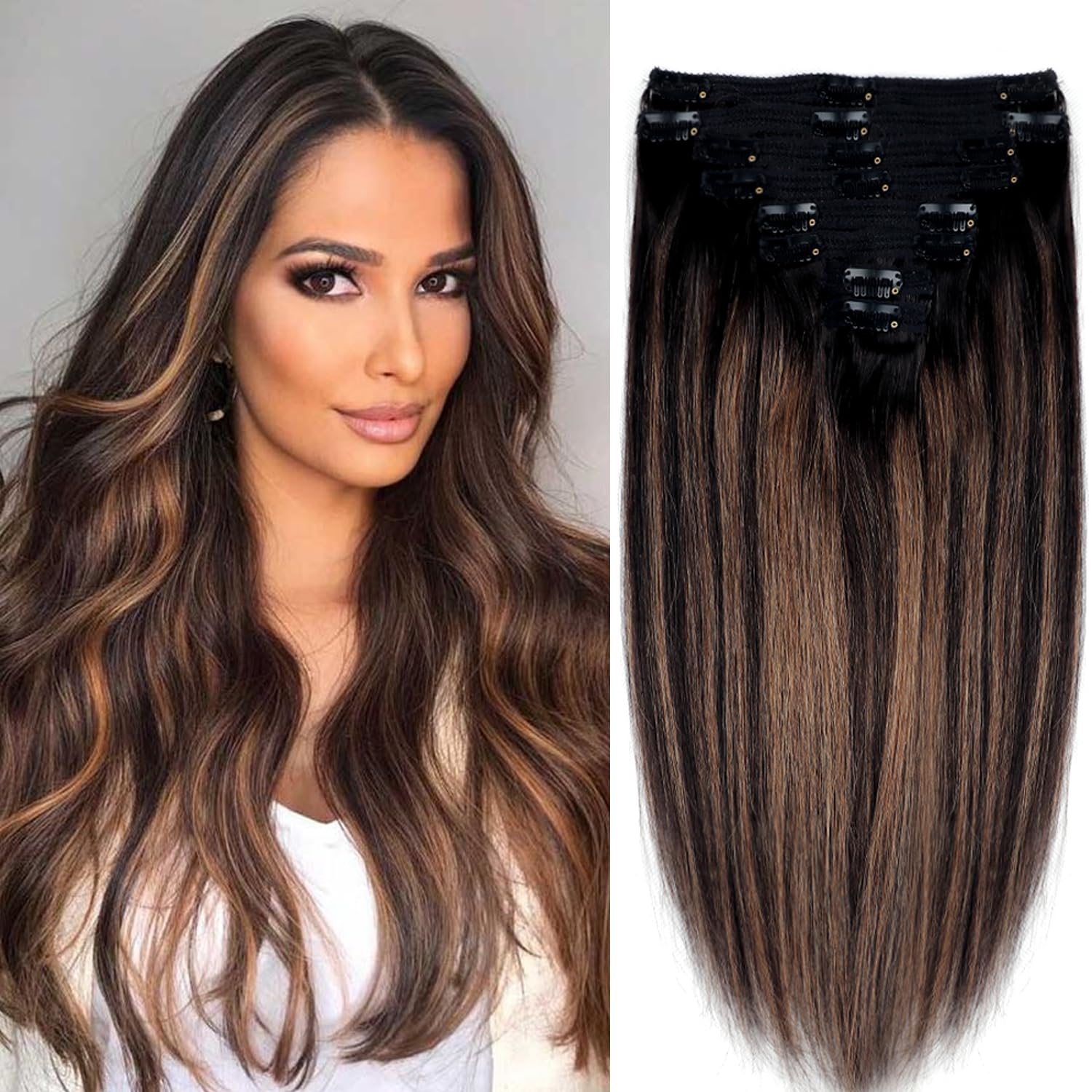 Natural Black to Chestnut Brown Balayage Ombre Clip-In Hair Extensions - 100% Real Human Hair, 8pcs 120g, 16 Inch, Straight (#1B/6/1B) | Seamless Invisible Clip-ons for Volume & Length | Perfect for Parties, Weddings & Daily Styling