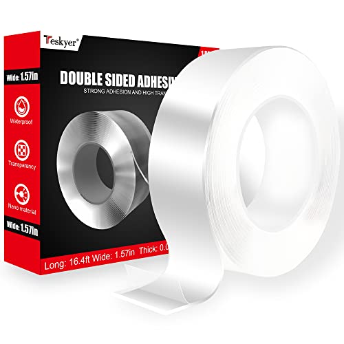 Teskyer Heavy Duty Double Sided Tape - Strong Adhesive Multipurpose Mounting Tape, Removable & Reusable Clear Tape (16.4ft/Roll, 1.57in Width) - Perfect for Hanging Photos, Wall Decor, Carpet Installation & DIY Projects