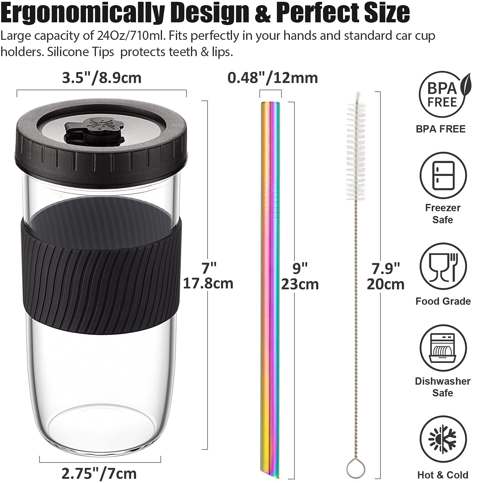 Reusable 24Oz Glass Mason Jars with Lids & Straws - 4 Pack Wide Mouth Smoothie Cups, Leakproof Bubble Tea Glasses with Silicone Sleeves - Perfect for Travel, Home, Office & Birthday Gifts (Pearl Design)