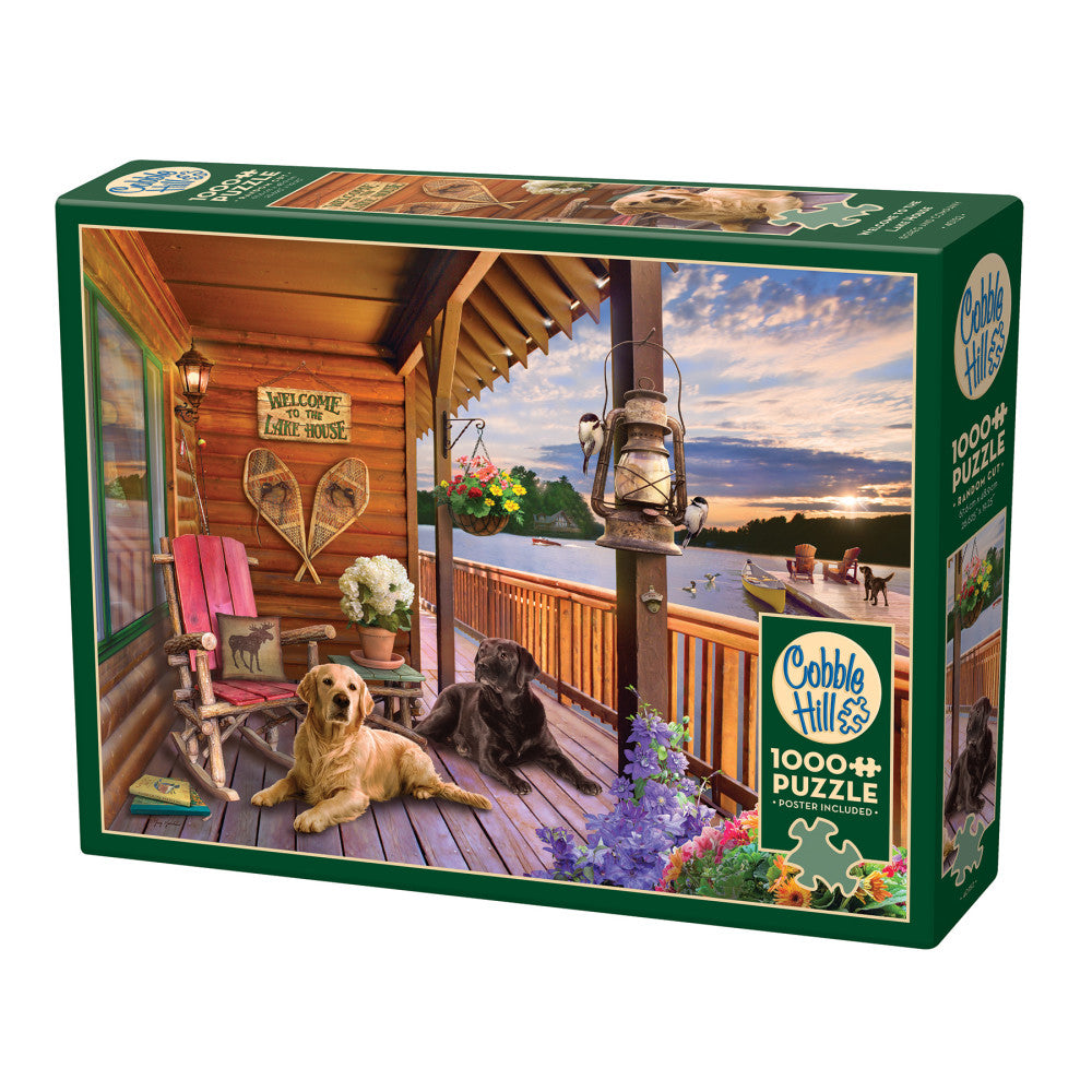 Premium 1000-Piece Cobble Hill Jigsaw Puzzle - Welcome To The Lake House with Reference Poster - Perfect for Family Game Night & Relaxation