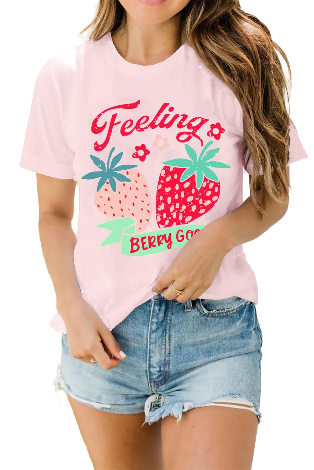 LBP Women's Cute Strawberry Graphic T-Shirt - Fruit Lover Casual Tee with 'Feeling Berry Good' Print - Perfect for Summer Outfits, Girls Day Out & Casual Wear