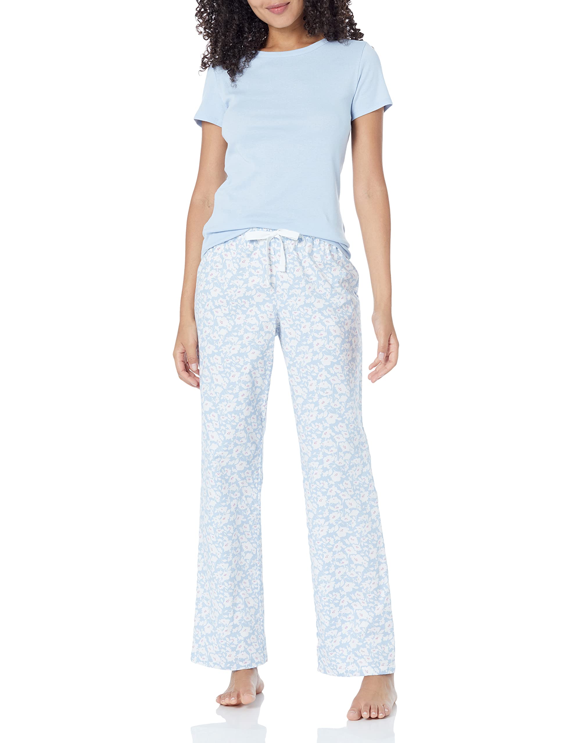 Amazon Essentials Women's Poplin Sleep Tee and Pant Set - Soft Cotton Pajama Set for Women, Comfortable Sleepwear Lounge Set (Perfect for Bedtime, Relaxing at Home & Travel)