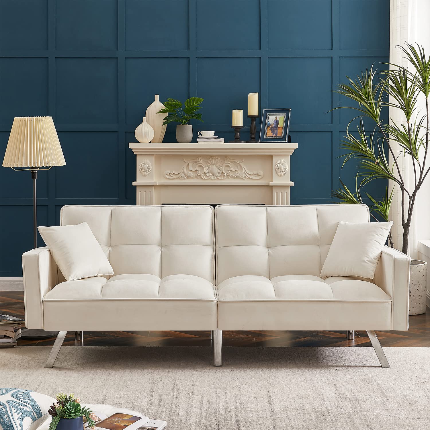 Modern White Velvet Convertible Futon Sofa Bed with 2 Pillows - 3-Position Recliner Loveseat for Living Room & Office, Supports 672 lbs - Perfect for Small Spaces, Guest Rooms & Studio Apartments