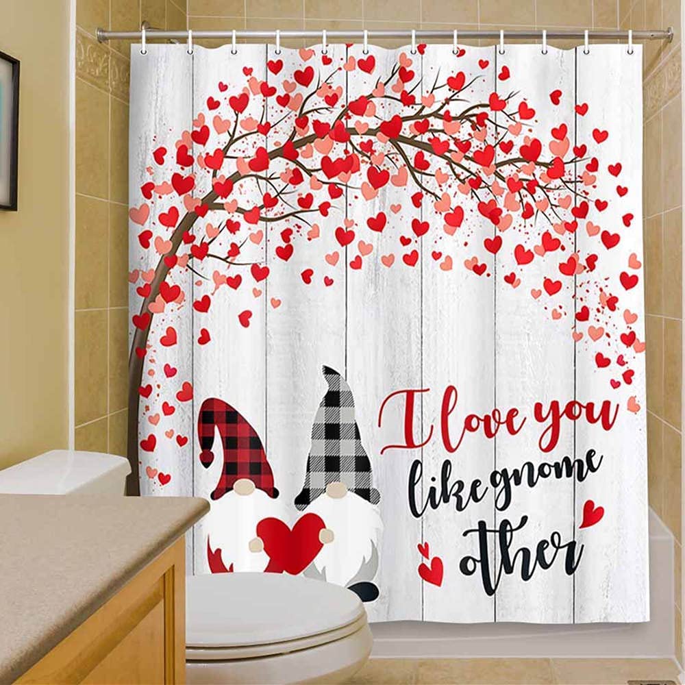 Romantic Valentine's Day Shower Curtain - Gnome Couple with Red Heart Tree Design, Rustic Farmhouse Bathroom Decor, 71x71 Inch Fabric Shower Curtain Set - Perfect for Couples' Bathroom, Anniversary Gift or Farmhouse Style Home Decor