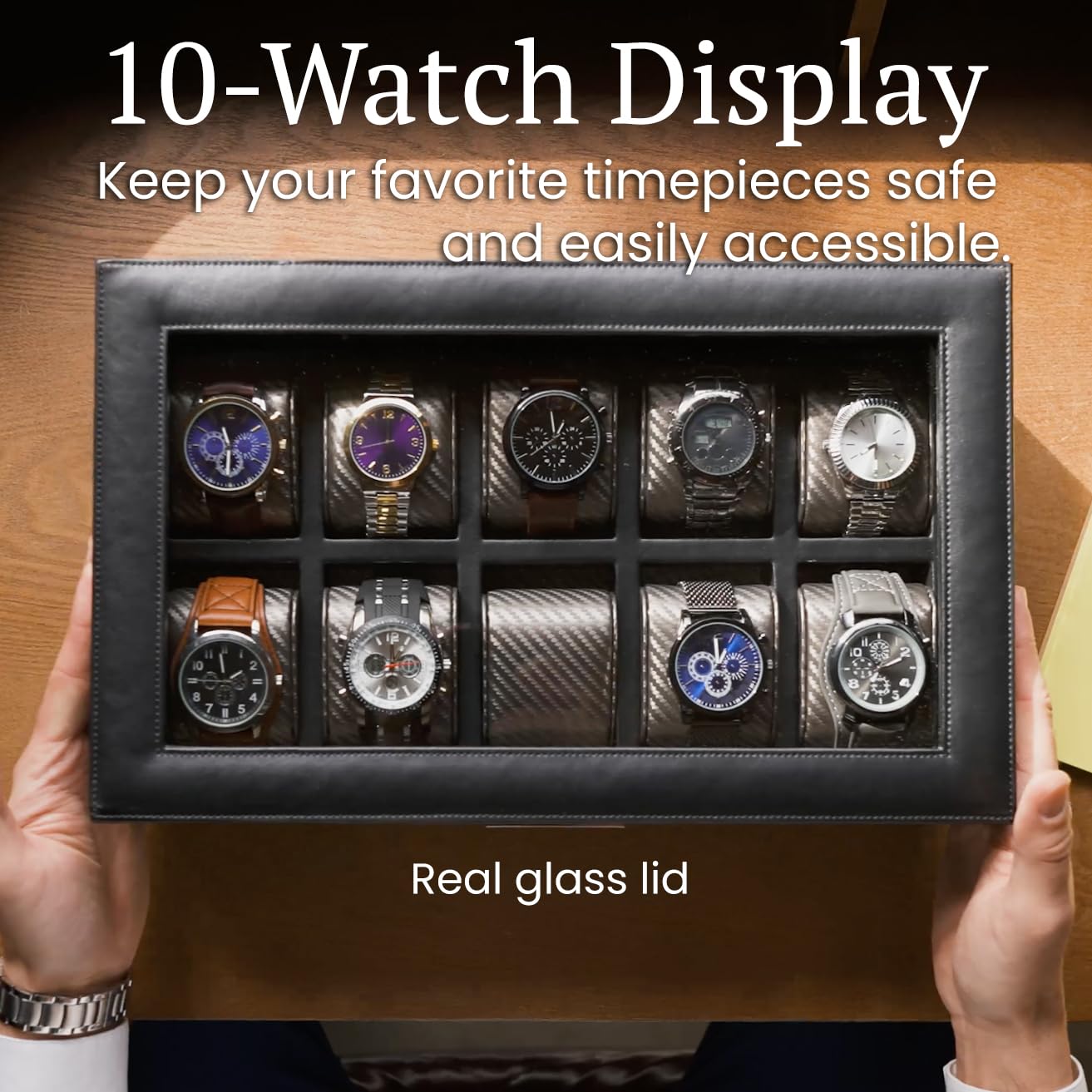 HOUNDSBAY Luxury Yacht Watch Box Organizer with Drawer, Ring Tray & Glass Lid - Wooden Jewelry Storage Case for Men | Perfect EDC Display Case & Elegant Gift for Watch Collectors | Ideal for Home, Office, or Travel Use
