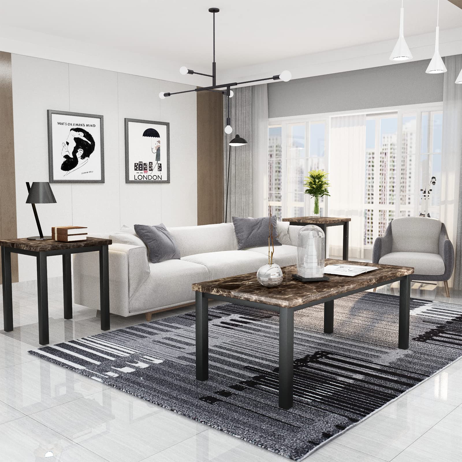 AWQM Faux Marble Coffee Table Set of 3 - Modern Accent Table & 2 End Tables for Living Room with Black Metal Frame & Brown Marble Top - Perfect for Sofa, Lounge & Home Decor