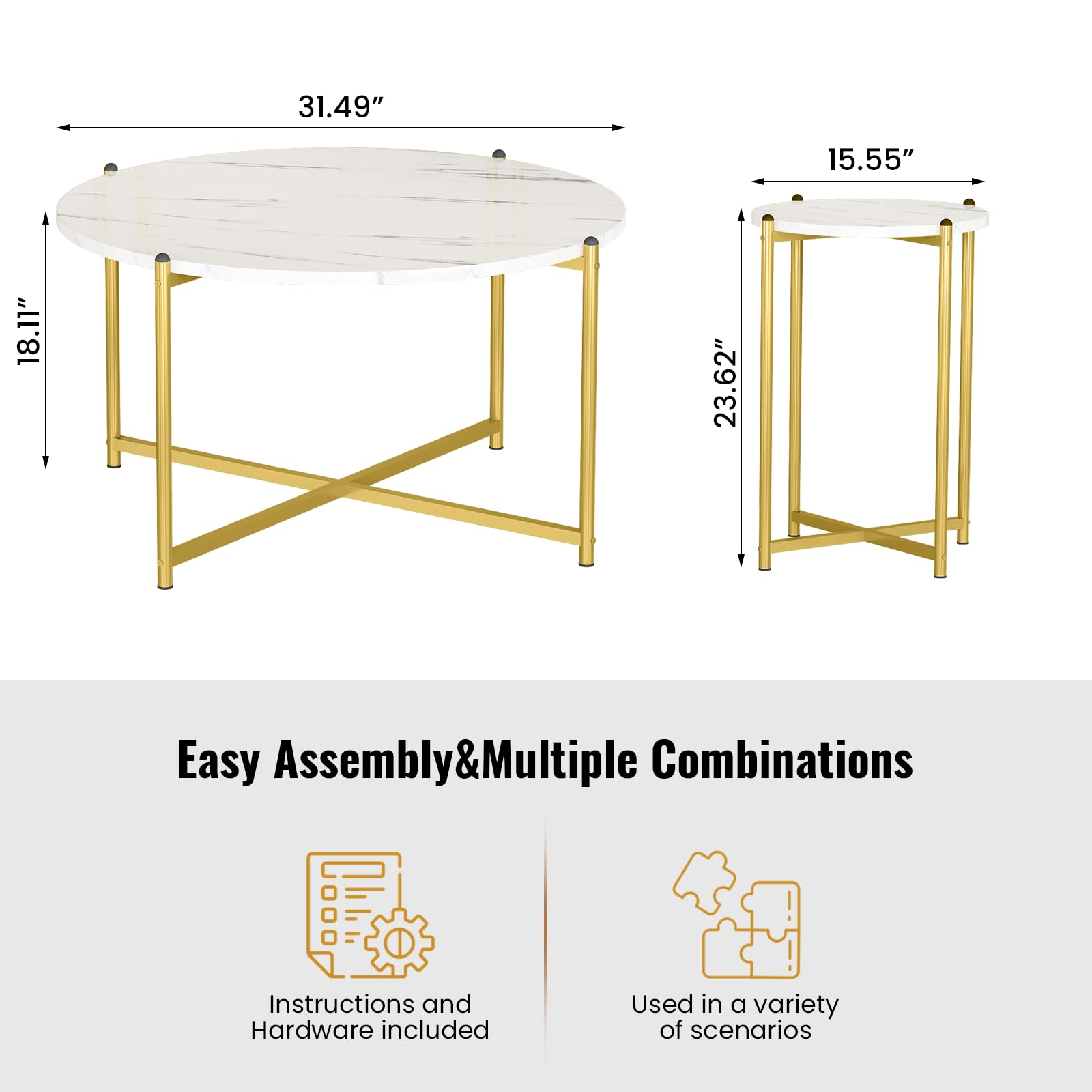 Lamerge 3-Piece Coffee Table Set - Modern Faux Marble Top with Gold Metal Frame, 1 Coffee Table & 2 Side Tables, White & Gold Living Room Furniture for Apartments, Offices - Perfect for Entertaining, Reading Nooks & Small Spaces (LCTR-W)