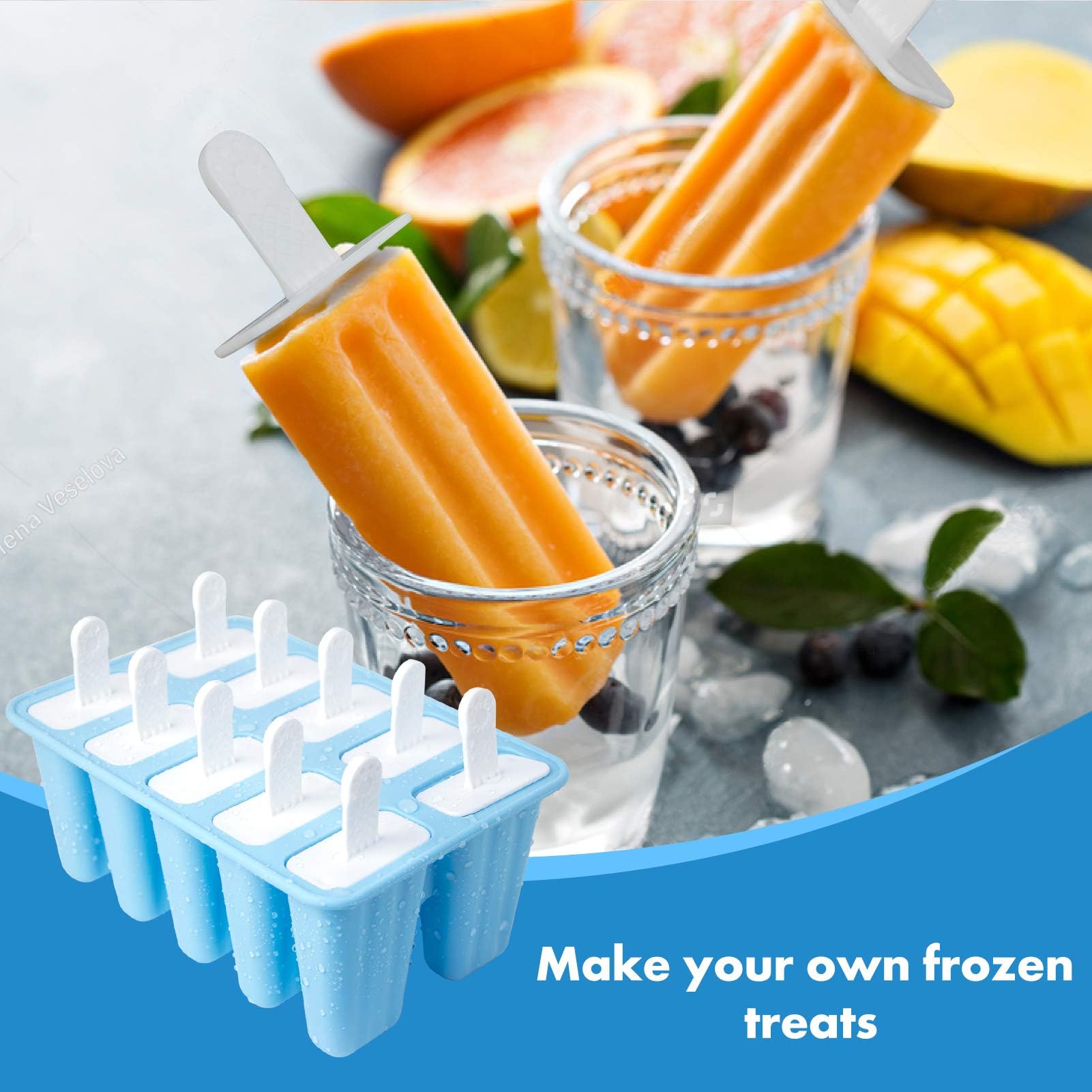 10-Piece BPA-Free Silicone Popsicle Molds with Sticks - Reusable & Easy Release Ice Pop Maker for Homemade Treats - Perfect for Summer Snacks, Kids Parties & Healthy Frozen Desserts (Blue)
