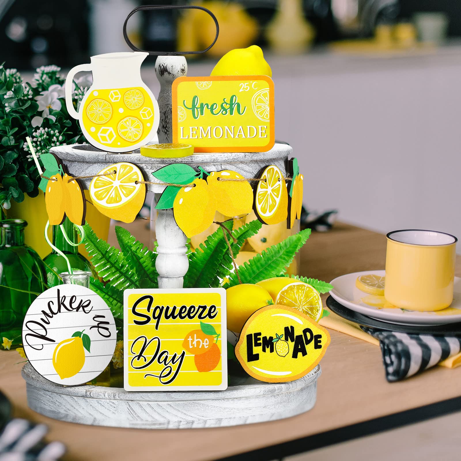 11 Pcs Lemon Summer Tiered Tray Decor Set - Farmhouse Wood Signs for Home & Party Decorations