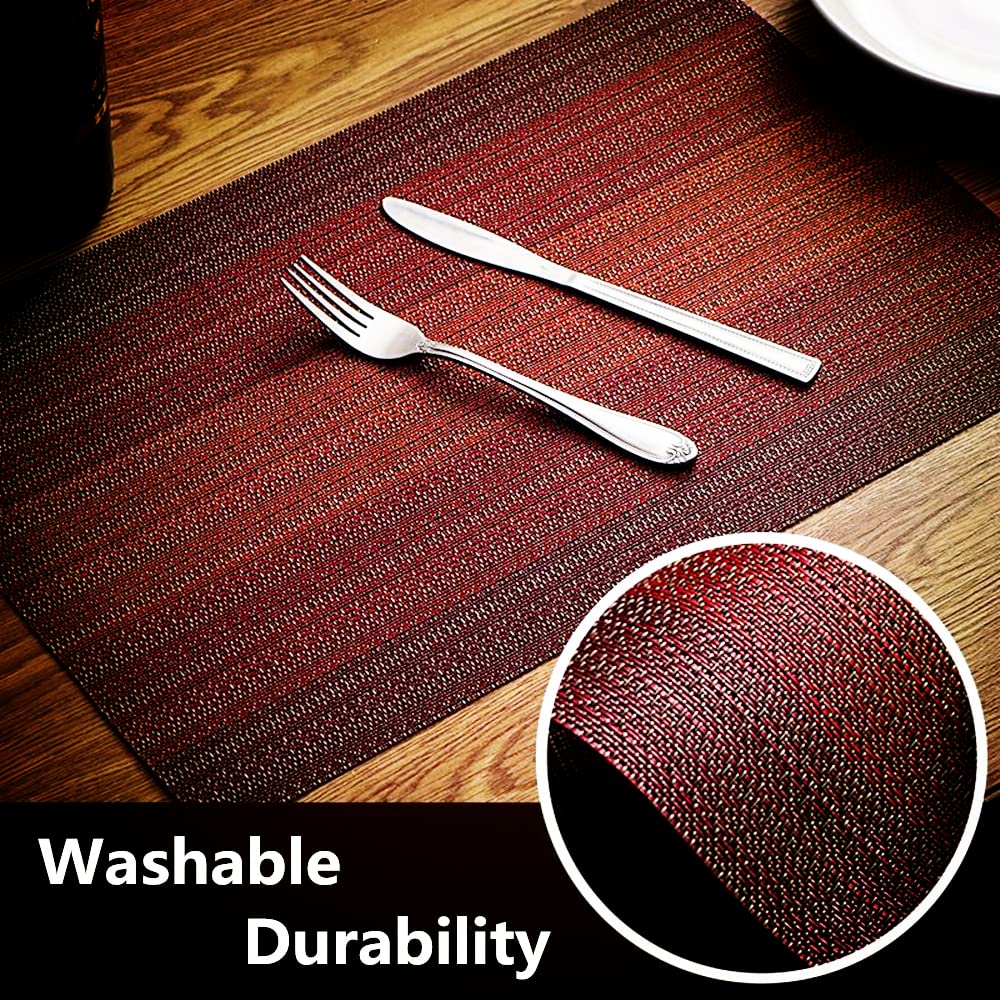 Washable PVC Table Placemats Set - 6 Woven Vinyl Dining Mats + 1 Table Runner in Wine Red | Waterproof & Durable for Everyday Meals, Dinner Parties & Holiday Decor
