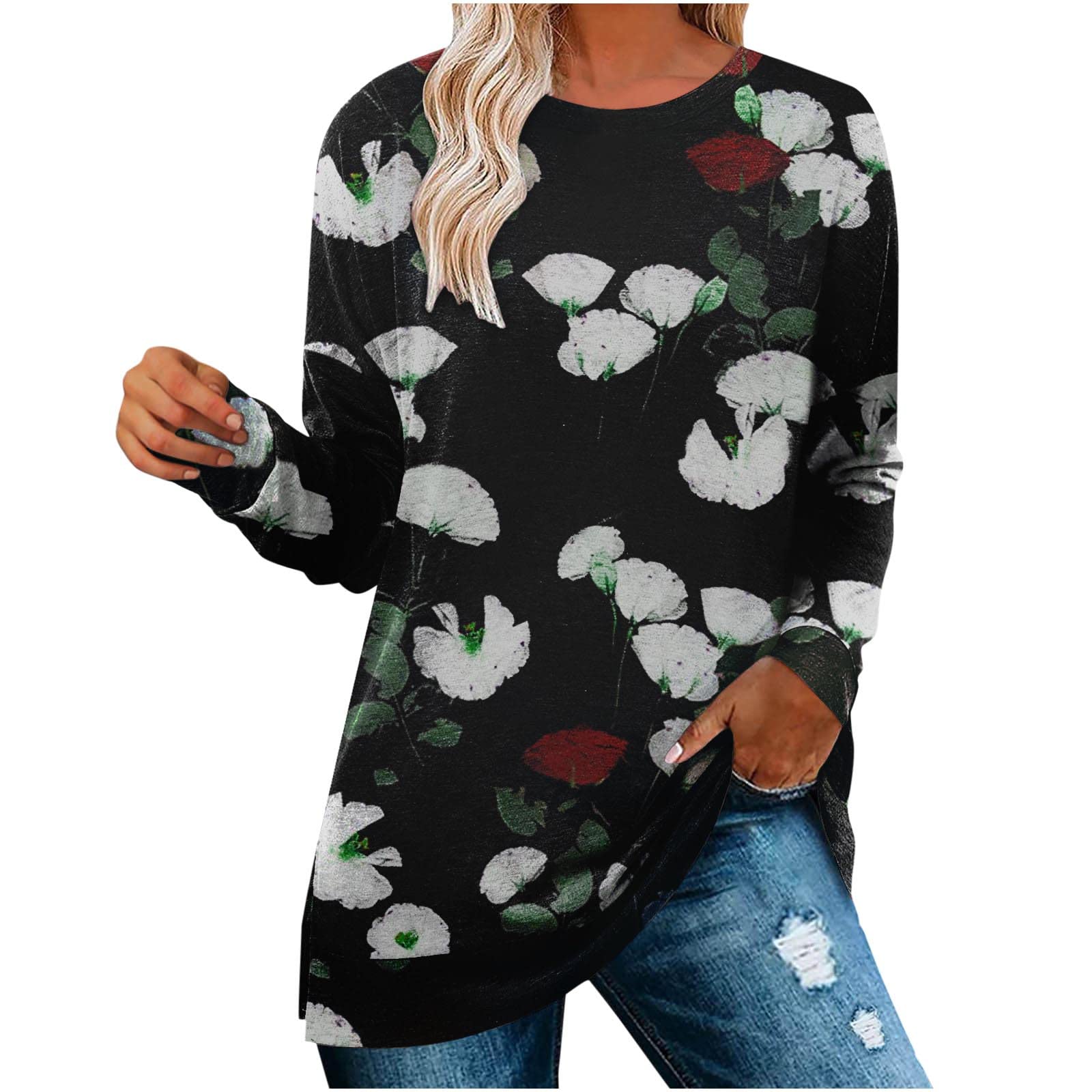 Women's Floral Printed Tunic Tops - Casual Long Sleeve Blouse with V-Neck, Loose Fit Pullover Tee for Work, Weekend & Spring Outfits