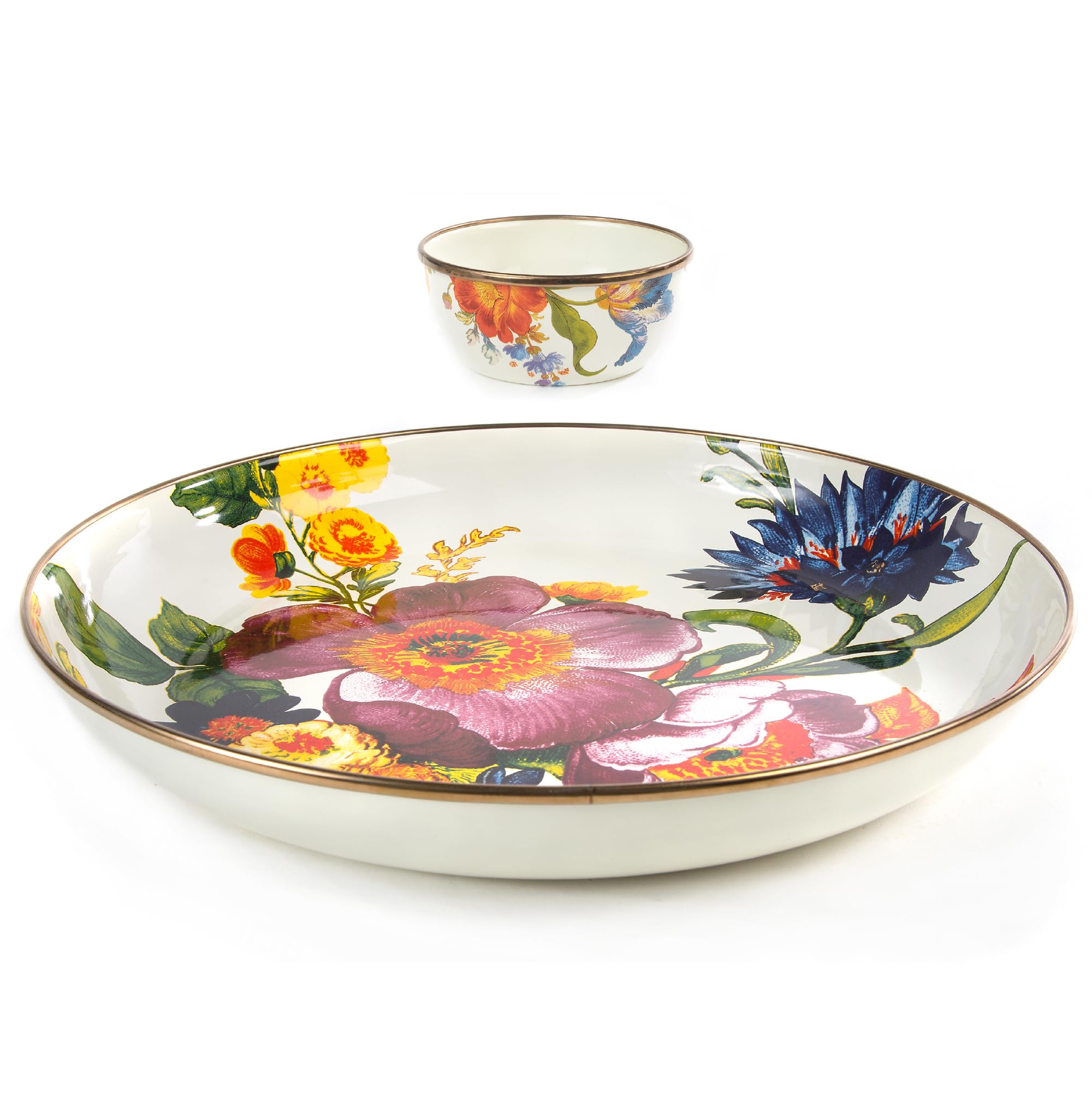 MACKENZIE-CHILDS White Flower Market Chip and Dip Serving Set - Abundant Bowl & Pinch Bowl Set for Parties, Entertaining & Home Decor | Elegant Serving Dish for Chips, Salsa, Dips & Appetizers