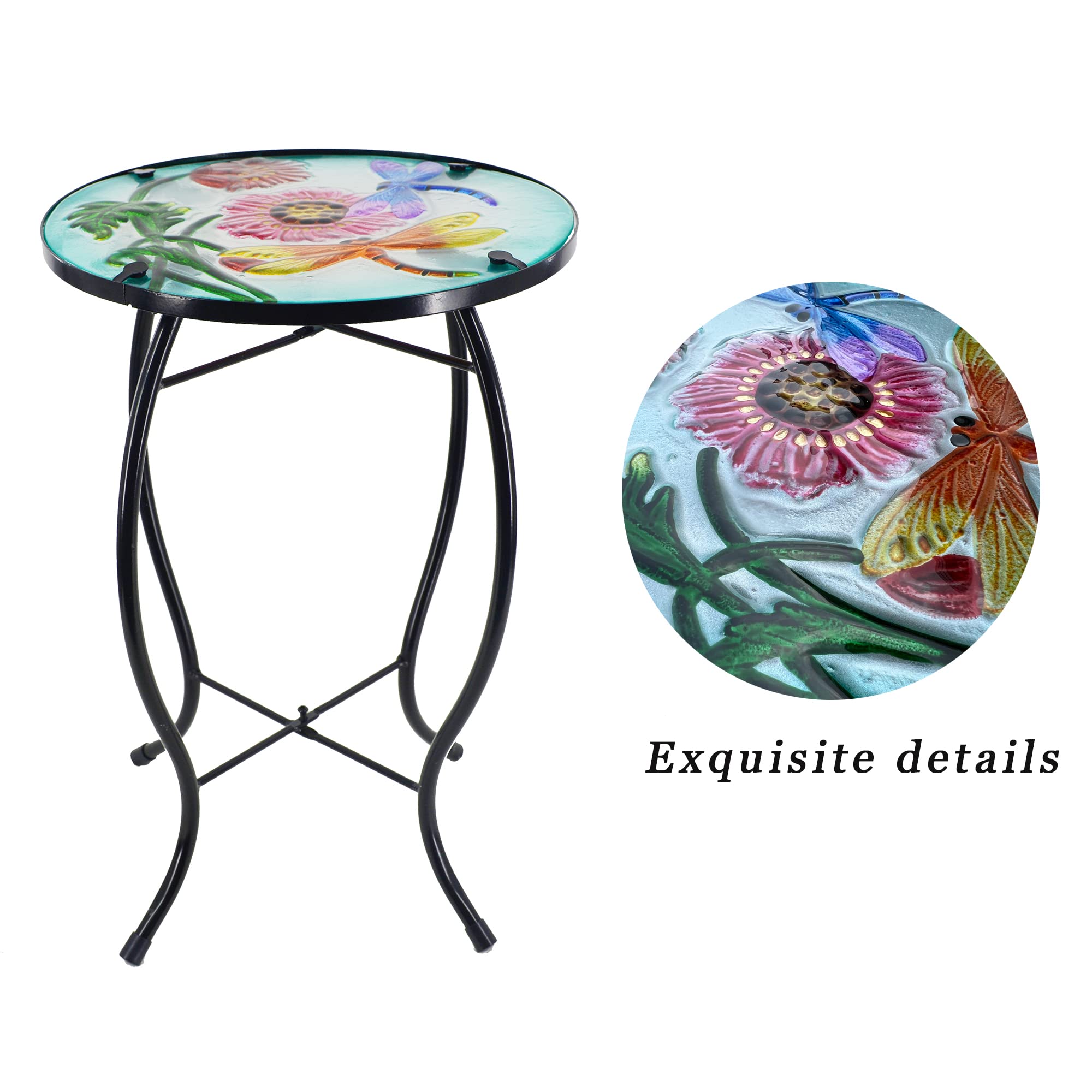 Dragonfly Patio Side Table - Small Outdoor End Table with Metal Frame & Glass Top for Porch, Garden, Yard, Pool - Perfect for Drinks, Plants & Decor