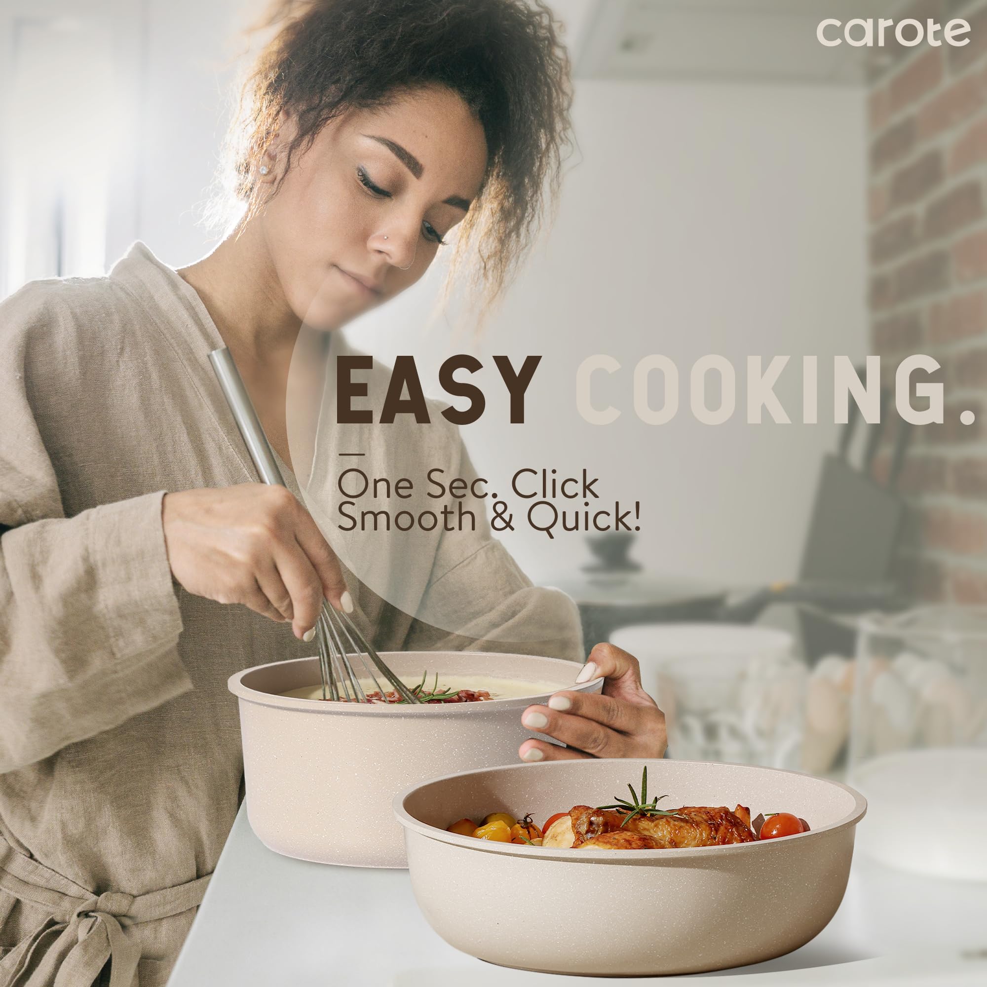 CAROTE 23-Piece Nonstick Cookware Set with Detachable Handles - Induction Compatible, RV & Oven Safe Pots and Pans - Dishwasher Safe Taupe Kitchen Set for Camping, Small Spaces & Everyday Cooking