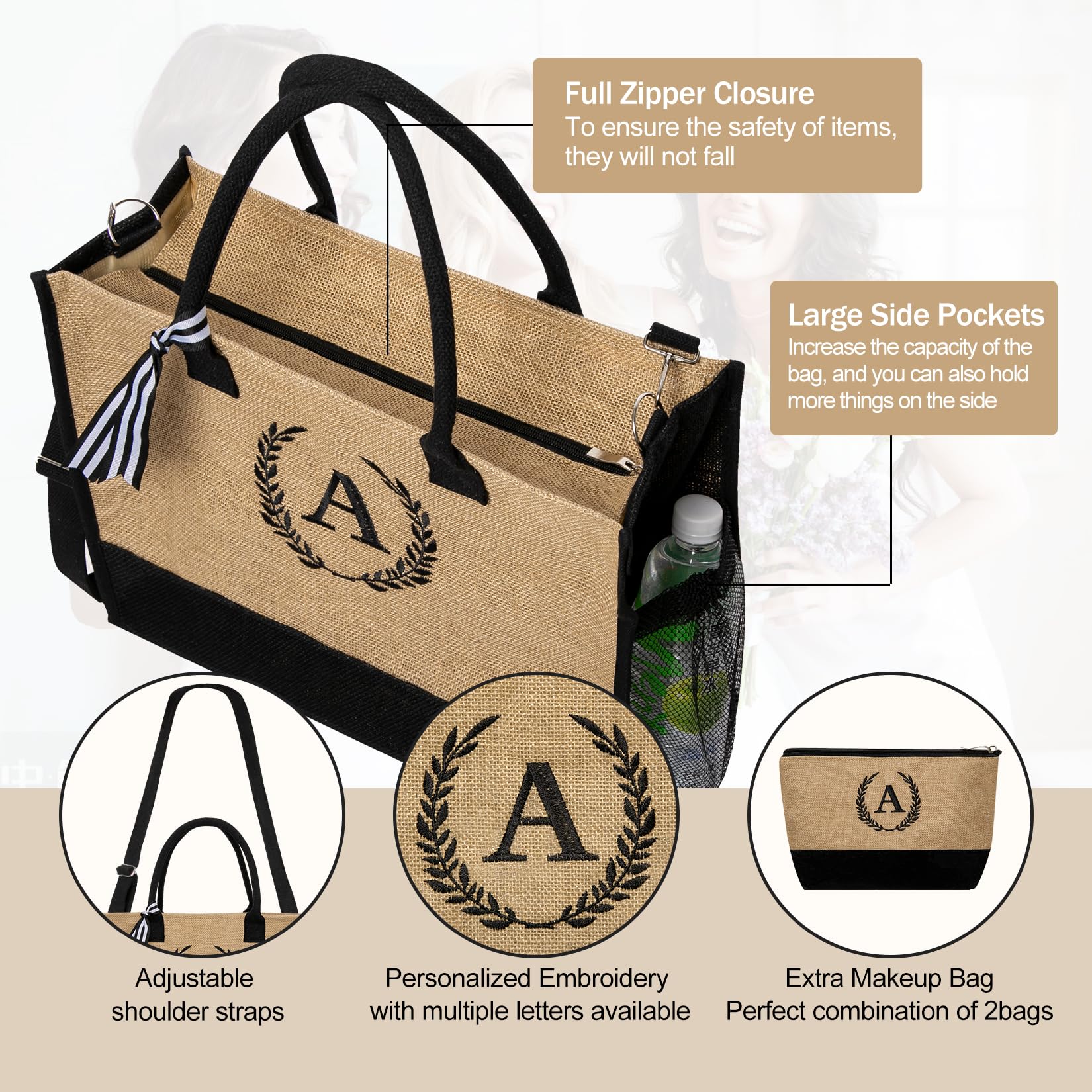 Personalized Monogram Beach Tote Bag with Zipper for Women - Customized Gift for Birthday, Vacation & Summer Travel - Perfect for Beach Trips, Pool Parties & Shopping