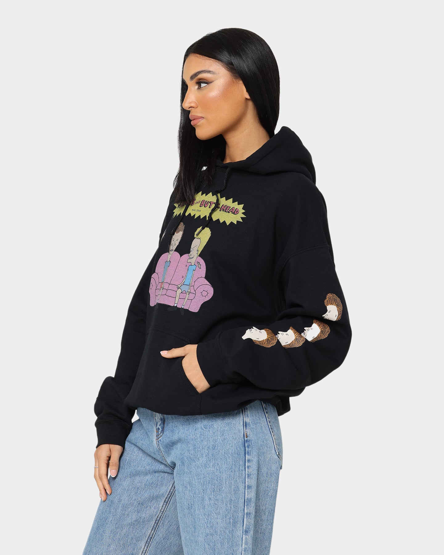 American Thrift X Beavis & Butthead Couch Hoodie - Black Pullover Sweatshirt for Casual Wear & Street Style