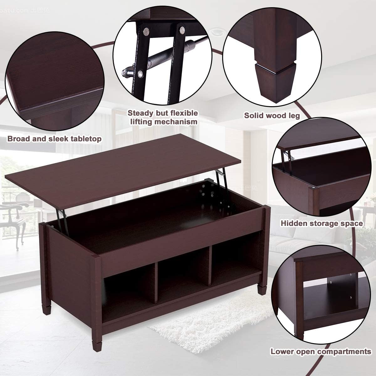 Modern Moccha Wood Lift Top Coffee Table with Hidden Storage & Open Shelf - Espresso Finish for Living Room, Office & Reception Areas | Space-Saving Pop-Up Design for Dining, Working & Entertaining