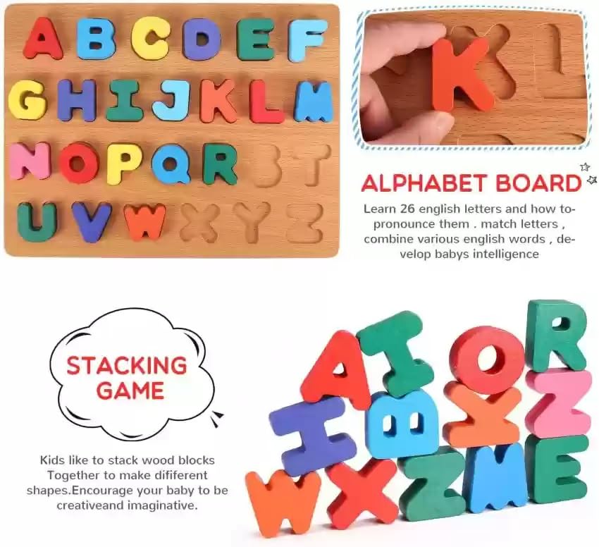 Wooden Alphabet ABCD Puzzle Toy - Capital Letters Learning Game for Toddlers & Preschool Kids - Educational Early Learning Toy for Home & Classroom Use