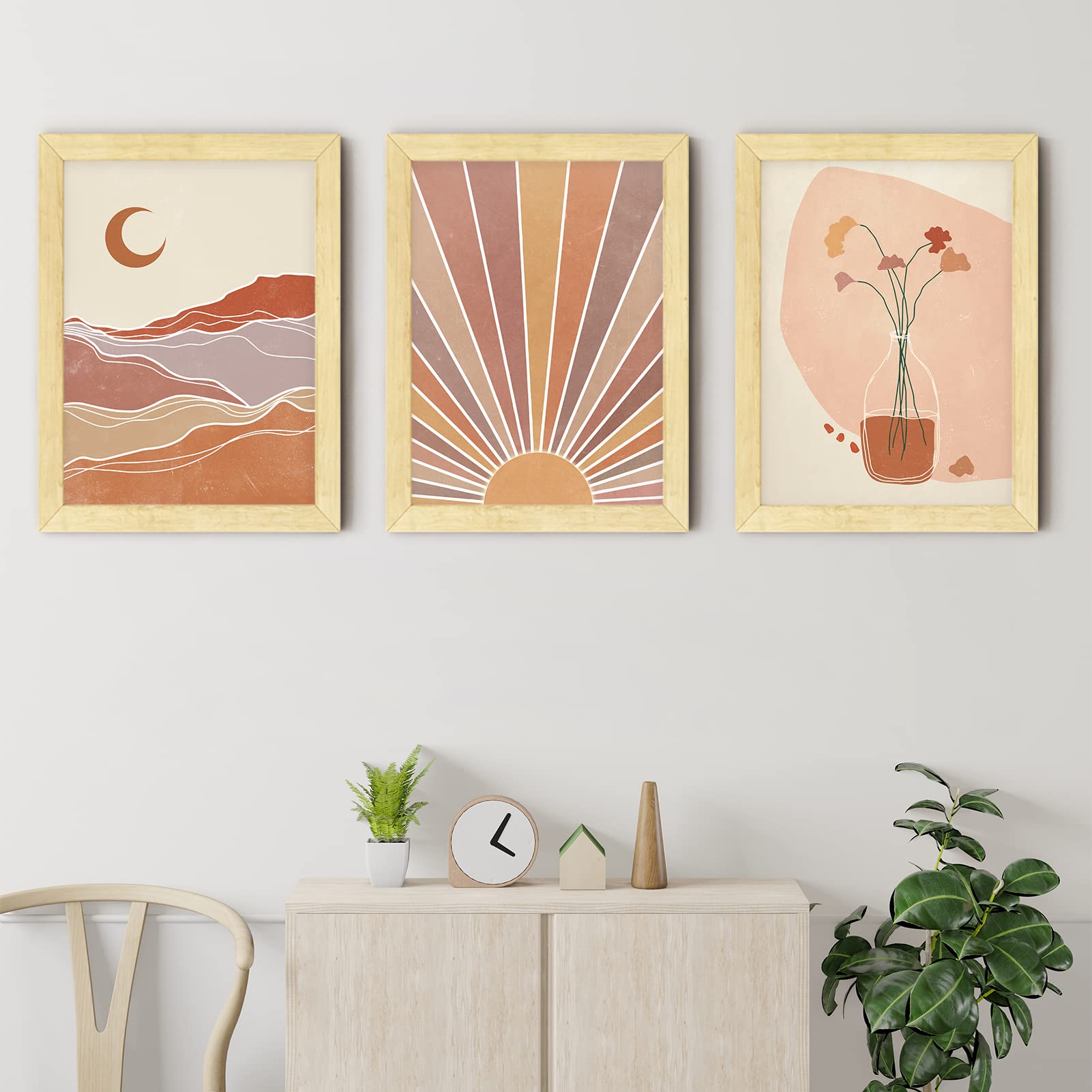 Boho Sun & Moon Wall Art Set - 3 Framed Decor for Living Room