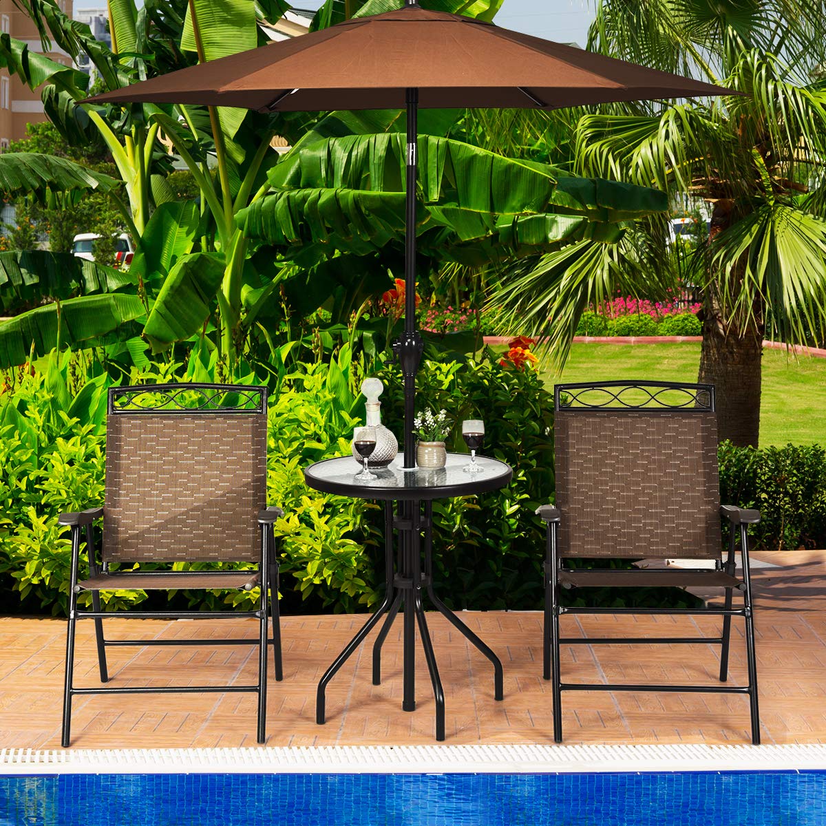 Giantex 3-Piece Outdoor Patio Dining Set with Round Tempered Glass Table & 2 Folding Chairs - Brown - Perfect for Garden, Poolside, Backyard & Balcony Use - Includes Umbrella Hole for Shade