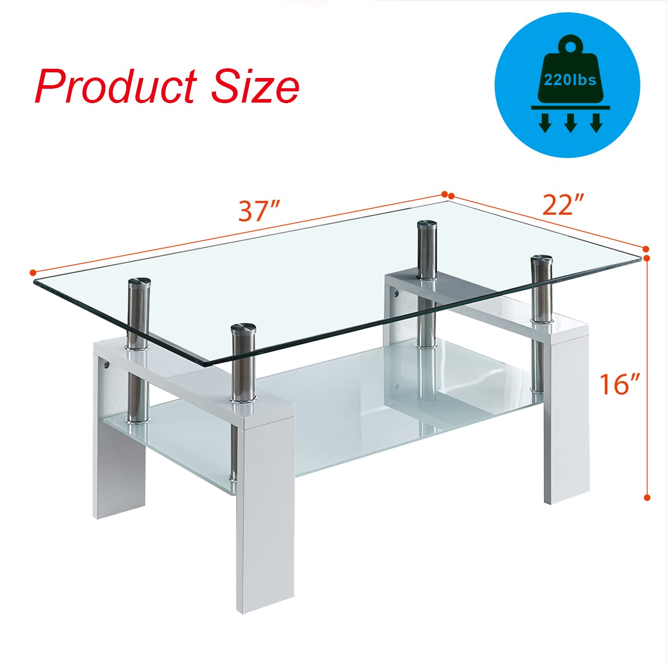 Modern Rectangular Coffee Table with Frosted Glass Shelf & Wooden Legs - Sturdy Living Room Cocktail Table, Sofa Side Table, TV Stand for Bedroom - Perfect for Entertaining, Relaxing & Home Decor