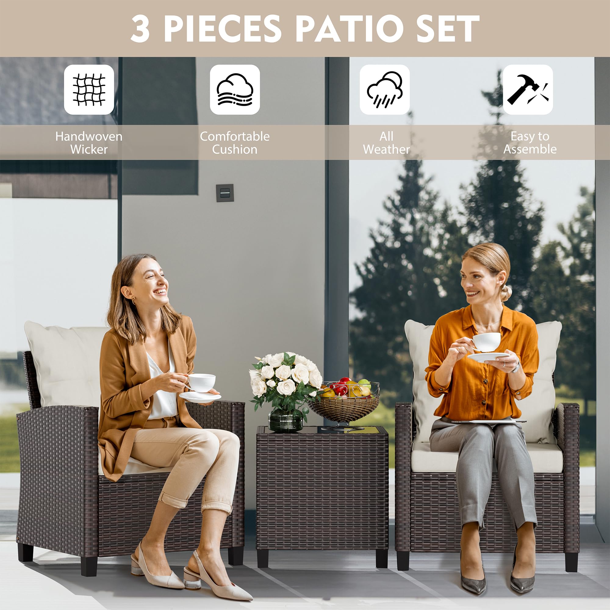 Vongrasig 3-Piece Outdoor Patio Furniture Set - Wicker Rattan Bistro Set with Cushioned Chairs & Glass Table for Porch, Garden, Backyard, Balcony, Poolside (Beige) | Perfect for Small Spaces, Relaxing Mornings & Outdoor Entertaining