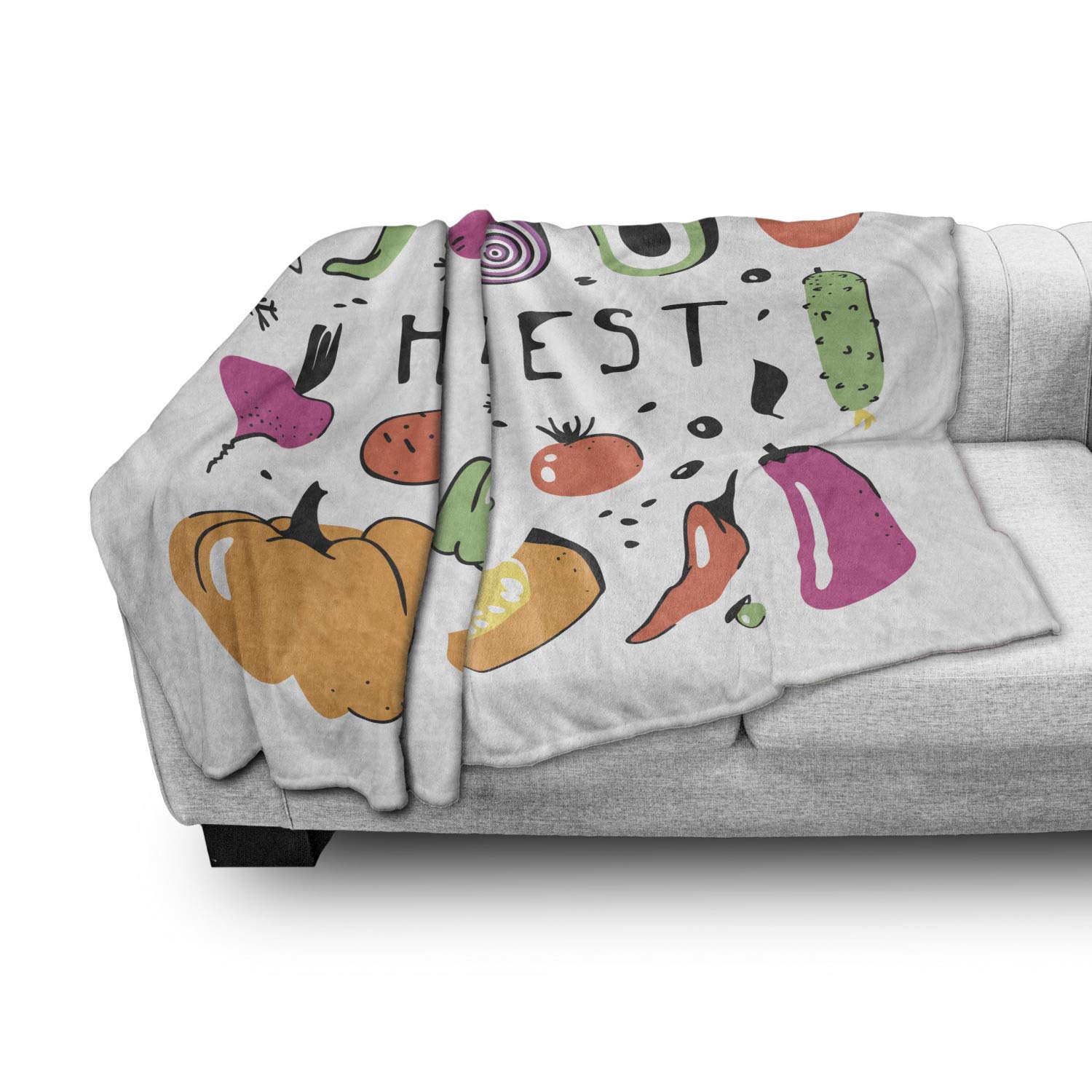 Ambesonne Harvest Throw Blanket - Soft Flannel Fleece Blanket with Pumpkin, Pepper, Carrot, Onion, Eggplant, Potato, Radish & Avocado Print, 50
