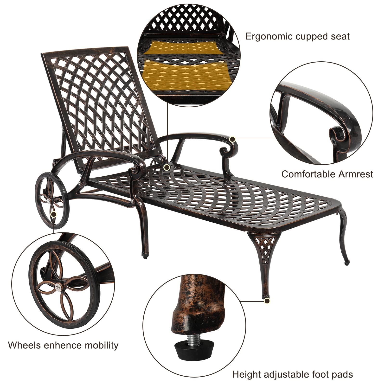 VINGLI Heavy Duty Cast Aluminum Outdoor Chaise Lounge Chair with Wheels - 3-Position Adjustable Backrest Patio Sunbathing Chair for Poolside, Beach & Backyard Relaxation (Bronze, Cushion Not Included)