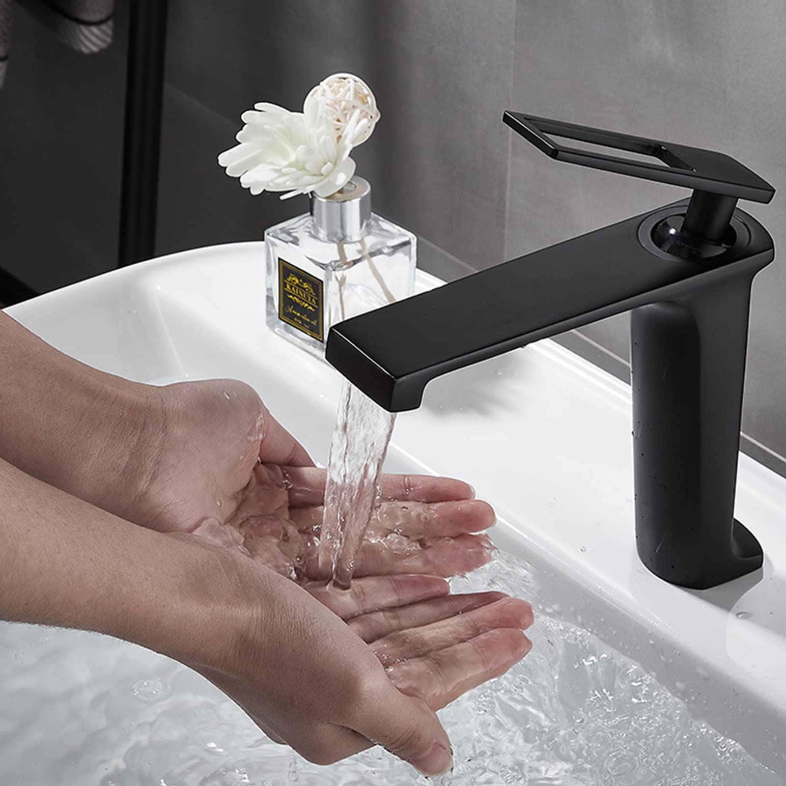 SHUGUANG Single Handle Bathroom Sink Faucet - Matte Black Wide Spout Deck Mount Brass RV Bathroom Faucet with Water-Saving Aerator - Perfect for RV, Tiny Homes, and Small Bathrooms