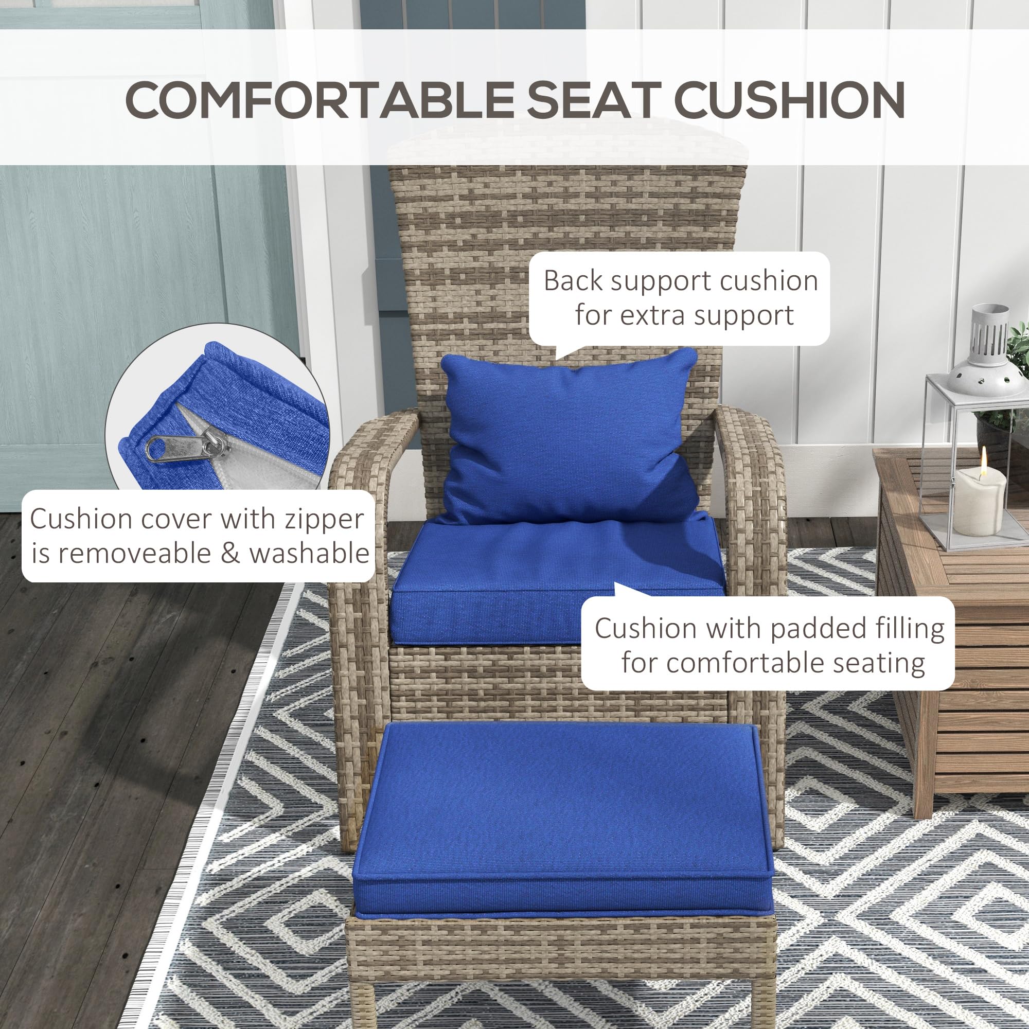 Outsunny Dark Blue Wicker Adirondack Chair with Ottoman & Cushions - High-Back Outdoor Patio Furniture with Large Seat & Armrests - Perfect for Deck, Garden, Backyard & Fire Pit Relaxation