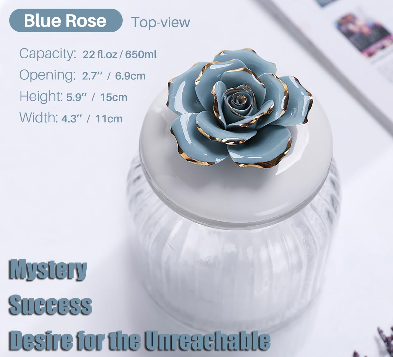 Handmade Glass Jars with Airtight Ceramic Lids - Porcelain Rose Design Food Storage Containers for Kitchen, Coffee, Tea, Sugar & Candy - Blue Rose Decorative Canisters (Set of 2) - Perfect for Pantry Organization & Home Decor